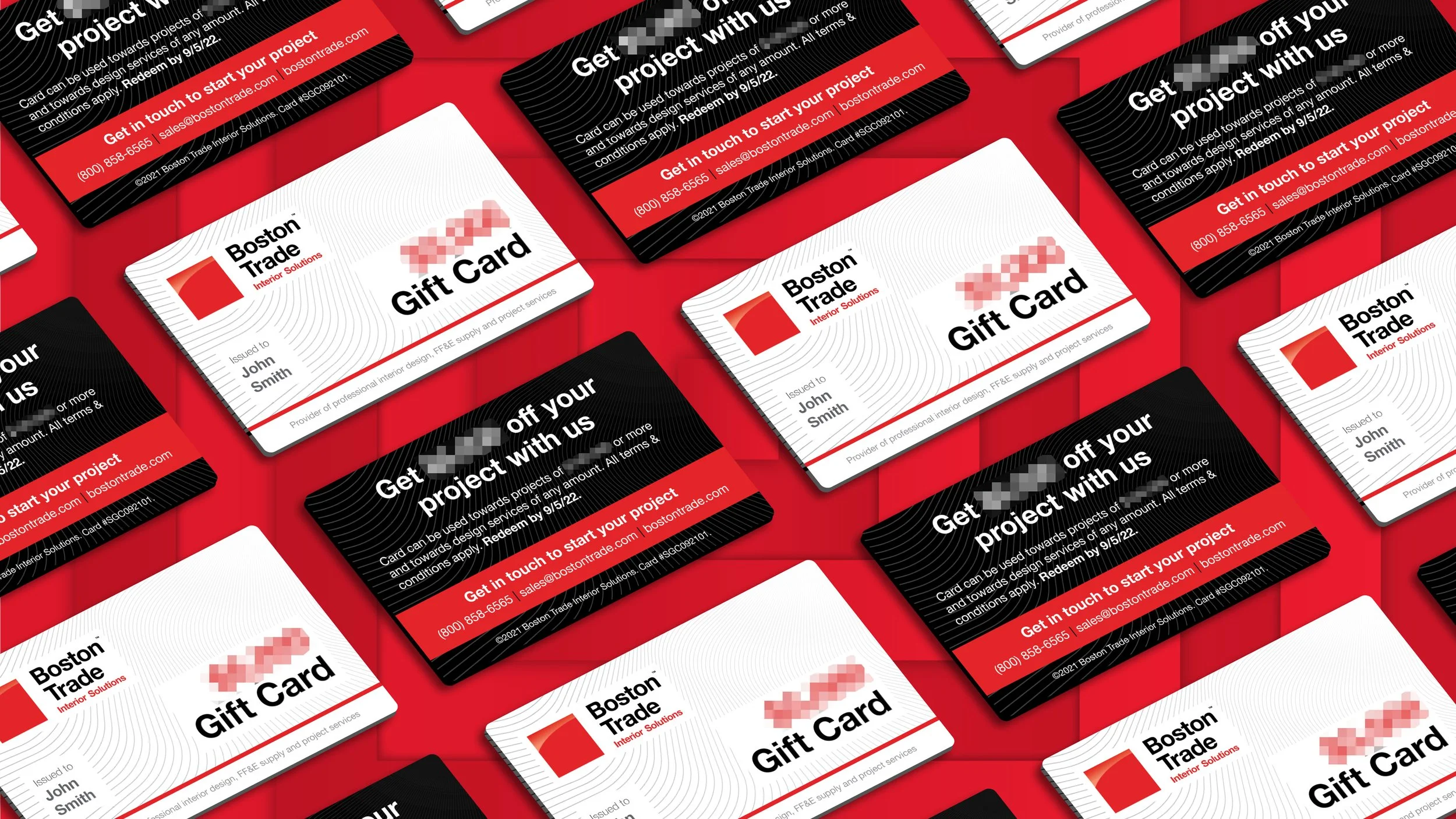 Multiple Boston Trade interior solutions gift cards scattered on a red background, with red, white, and black designs, including text about a project discount and contact information.
