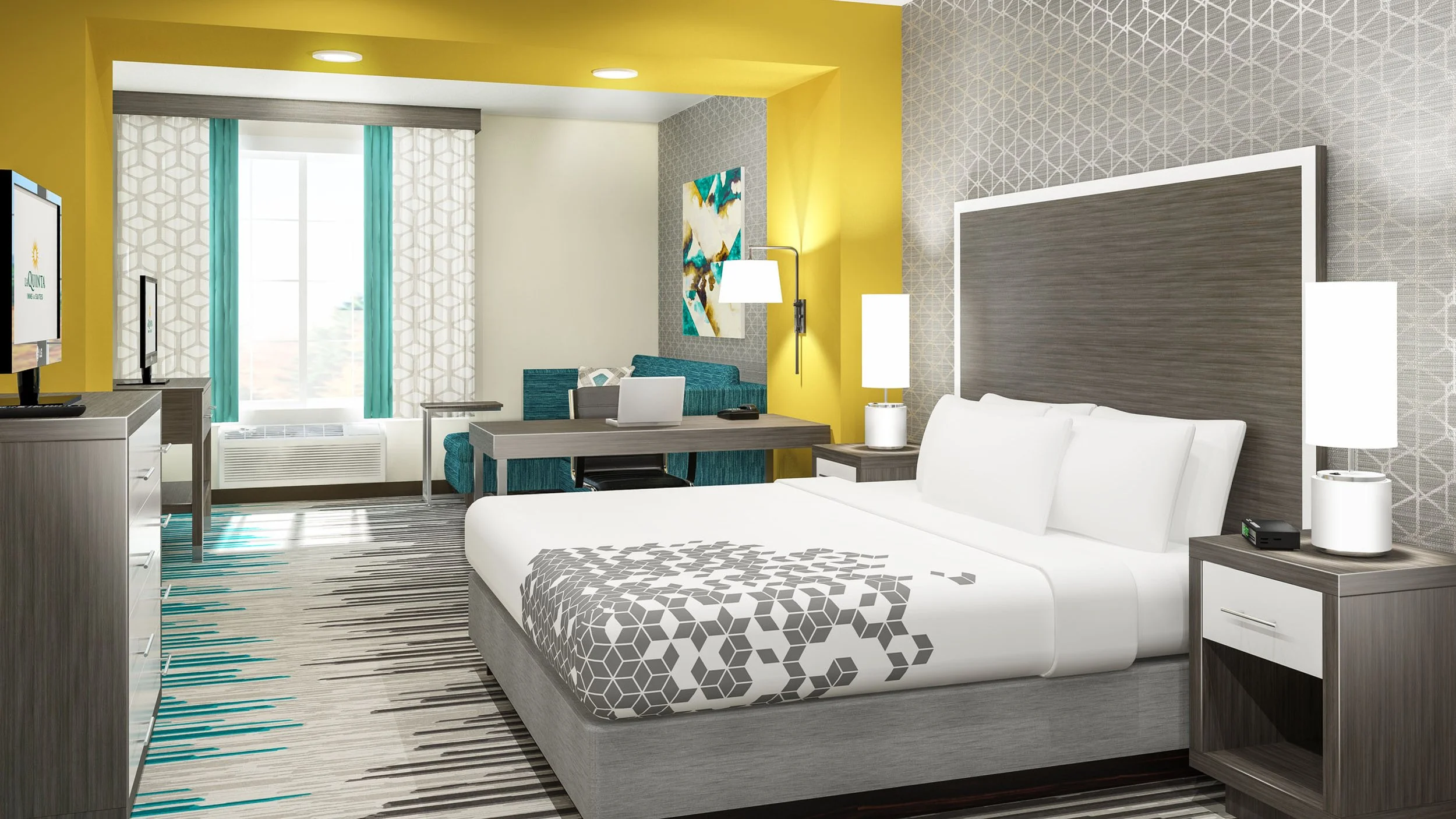 Modern hotel room with a large bed, bedside tables with lamps, a sitting area with a turquoise couch, a desk with a chair, and a window with turquoise and white patterned curtains.