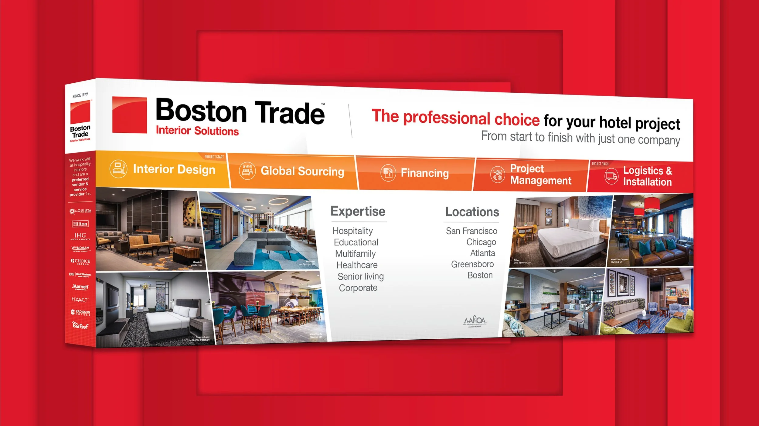 Brochure for Boston Trade Interior Solutions showing hotel interior design projects, services, expertise, and locations including San Francisco, Chicago, Atlanta, Greensboro, and Boston.