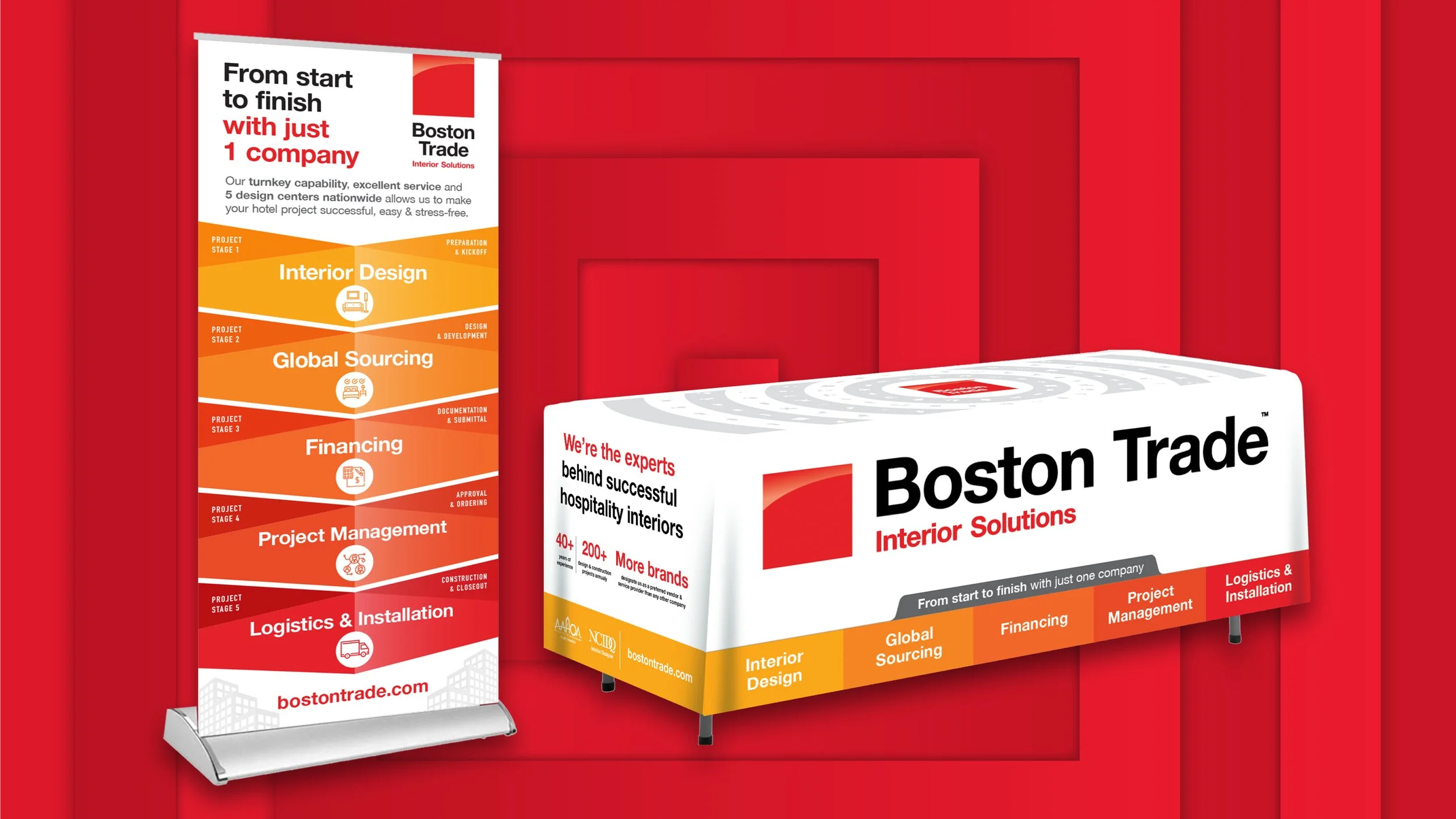 Boston Trade Interior Solutions promotional display and table showcase featuring their services in interior design, global sourcing, financing, project management, and logistics & installation, set against a red background.