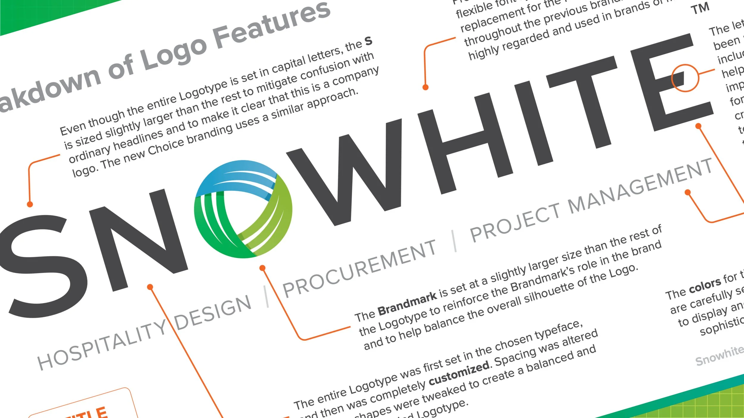 An infographic explaining the breakdown of a logo, including the name 'SNOWHITE' with a circular logo in the middle, surrounded by text and orange annotations describing logo features and branding elements.