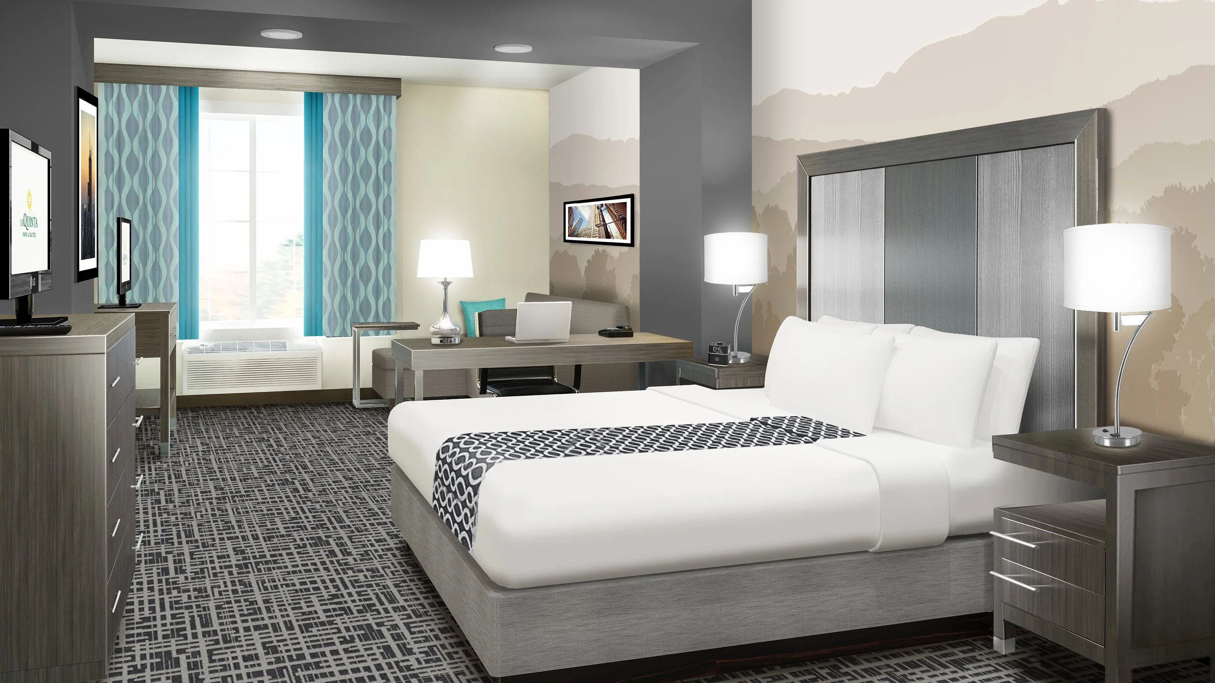 A modern hotel room with a large bed, two bedside lamps, a flat-screen TV, a workspace with a desk and chair, a sofa near a window with blue patterned curtains, and mountain-style wall decor.