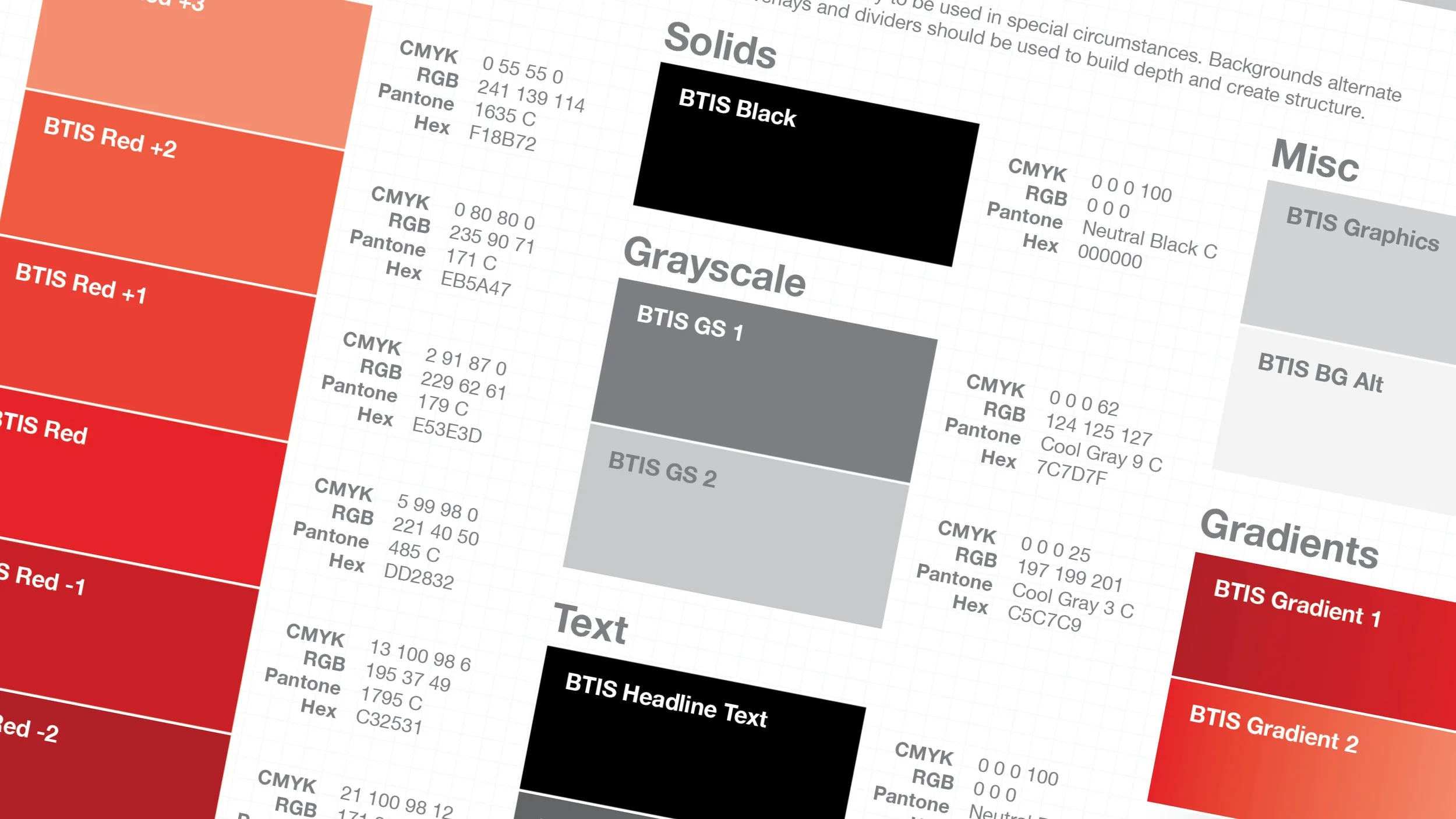A color palette guide showing various color swatches including black, gray, red, and gray gradients, with color codes and labels for design use.
