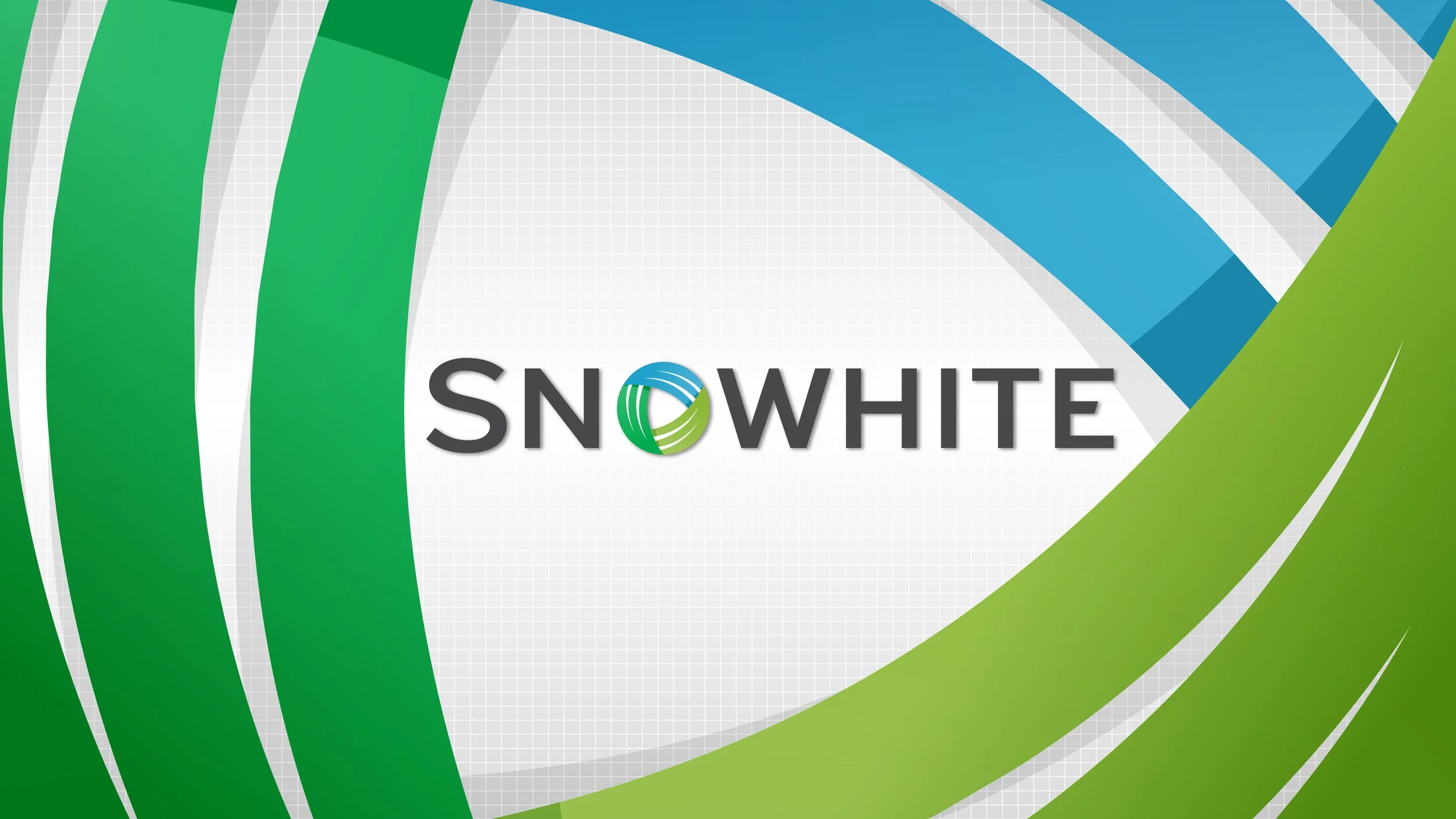 Logo with the word 'Snowhite' in bold black letters, with a stylized circular design replacing the letter 'O', featuring blue and green curved lines, on a background of green and blue swooshes.