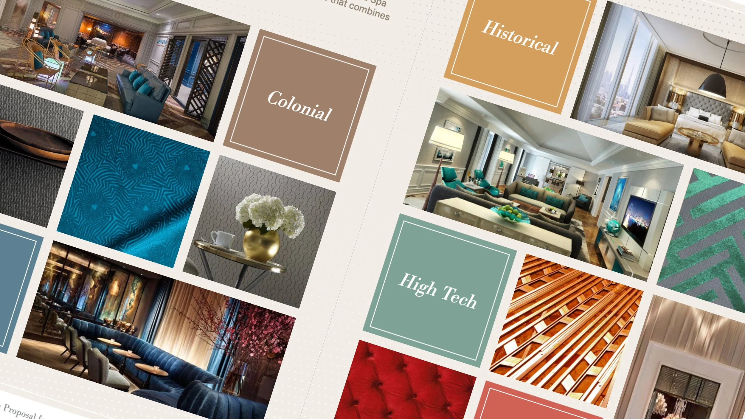 Collage of interior design images featuring luxury hotel and lounge spaces, fabric samples, decorative elements, and architectural details, with labels 'Colonial', 'Historical', and 'High Tech'