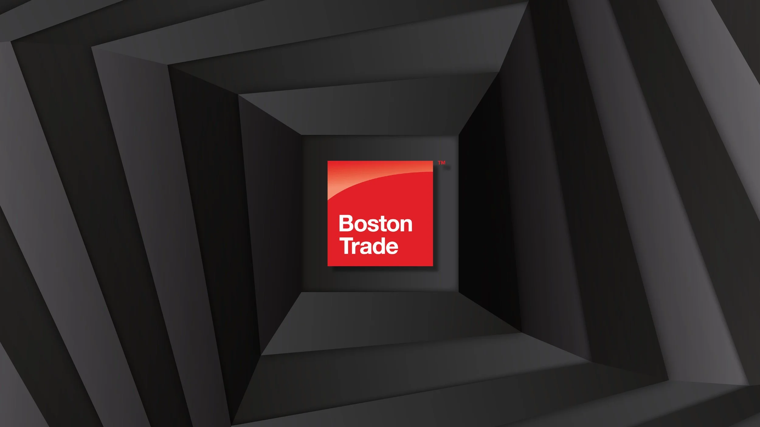 A red and white Boston Trade logo is centered within a dark, 3D tunnel-like structure.