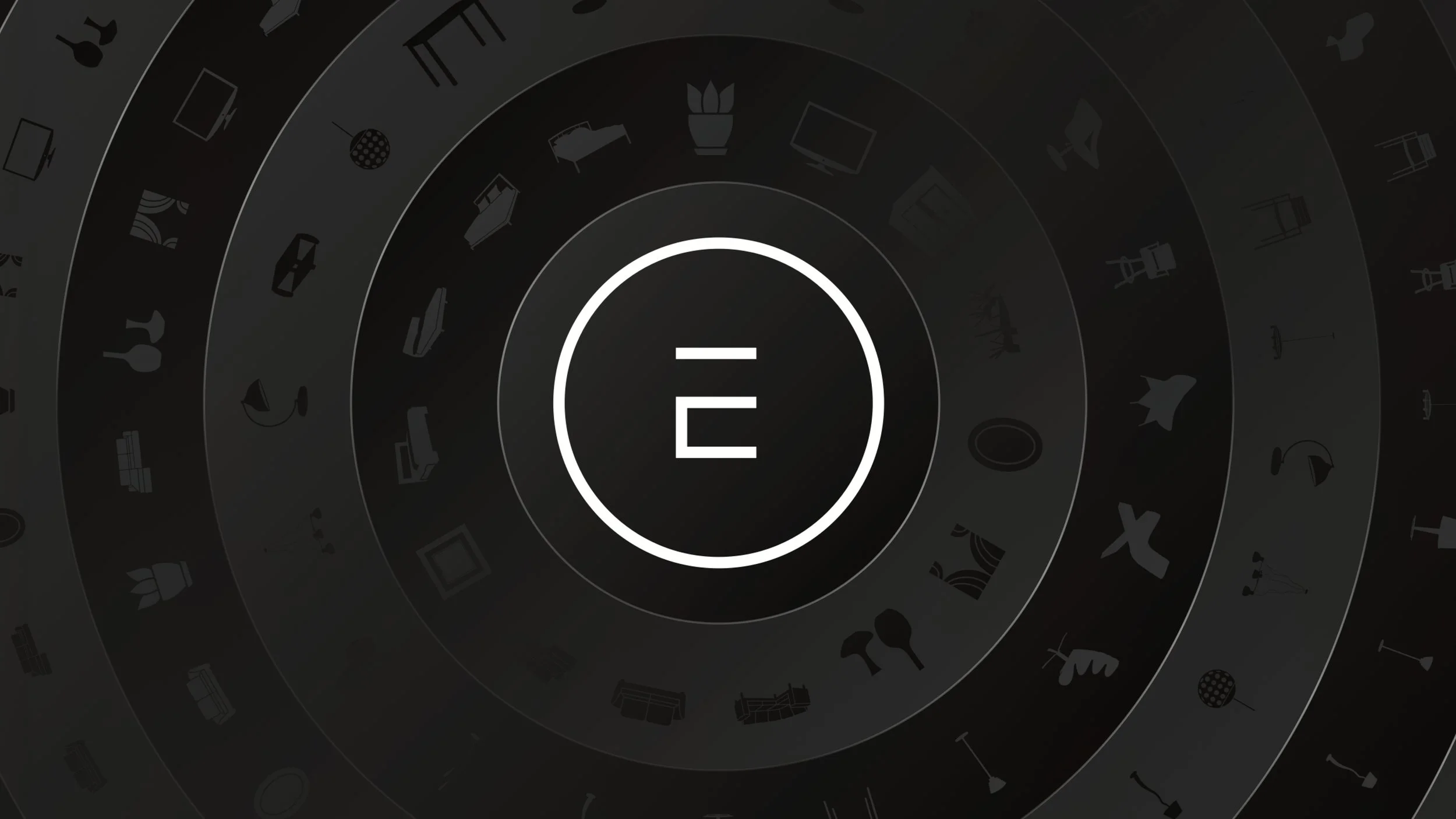 Modern digital interface with concentric circles, icons of furniture and household items, and a central circular logo with a horizontal line and an equals sign.