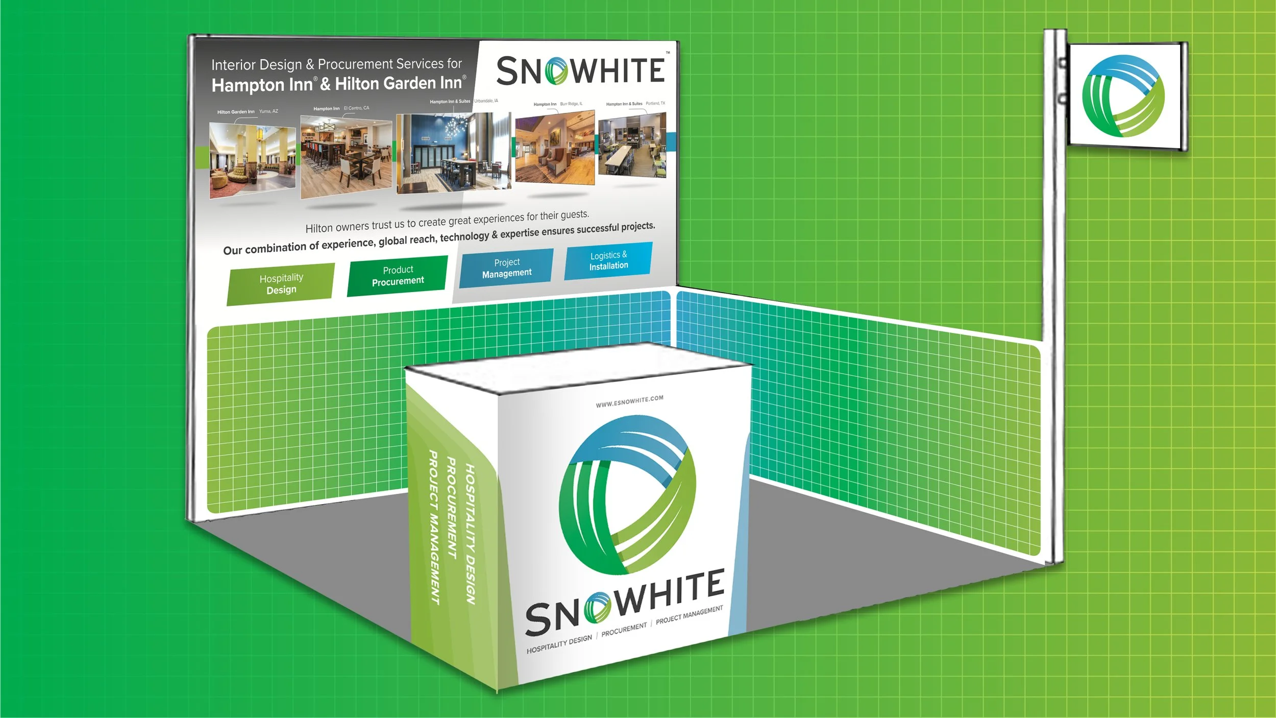 Exhibition booth for Snow White Hospitality Design, Procurement, and Project Management services, featuring graphics, a display banner with interior design images, and branding elements with green and blue themes.