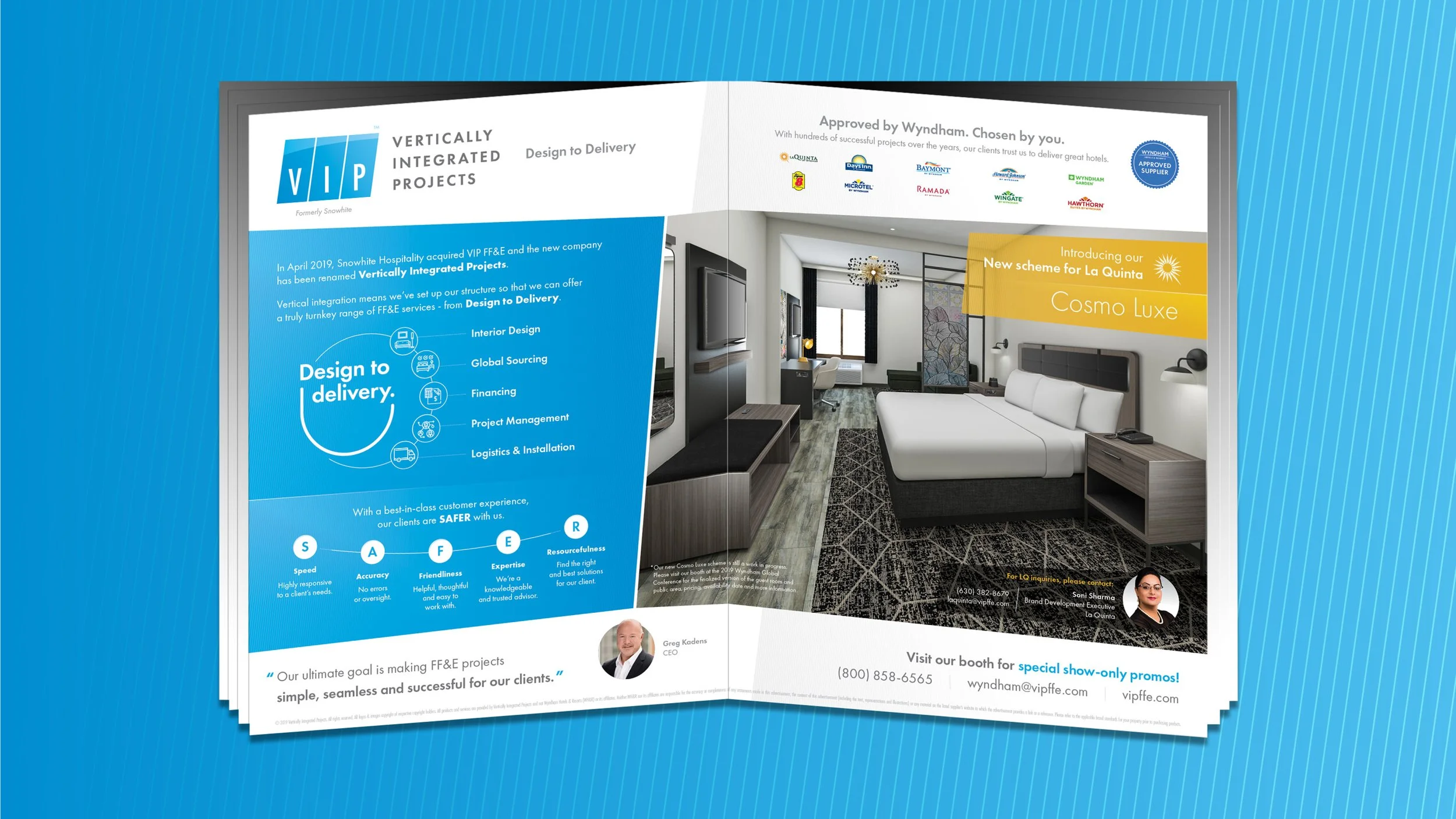 A brochure for VIP Vertically Integrated Projects features a modern hotel room with a large bed, flat-screen TV, and seating area on the right side, and information about project services and clients on the left side.