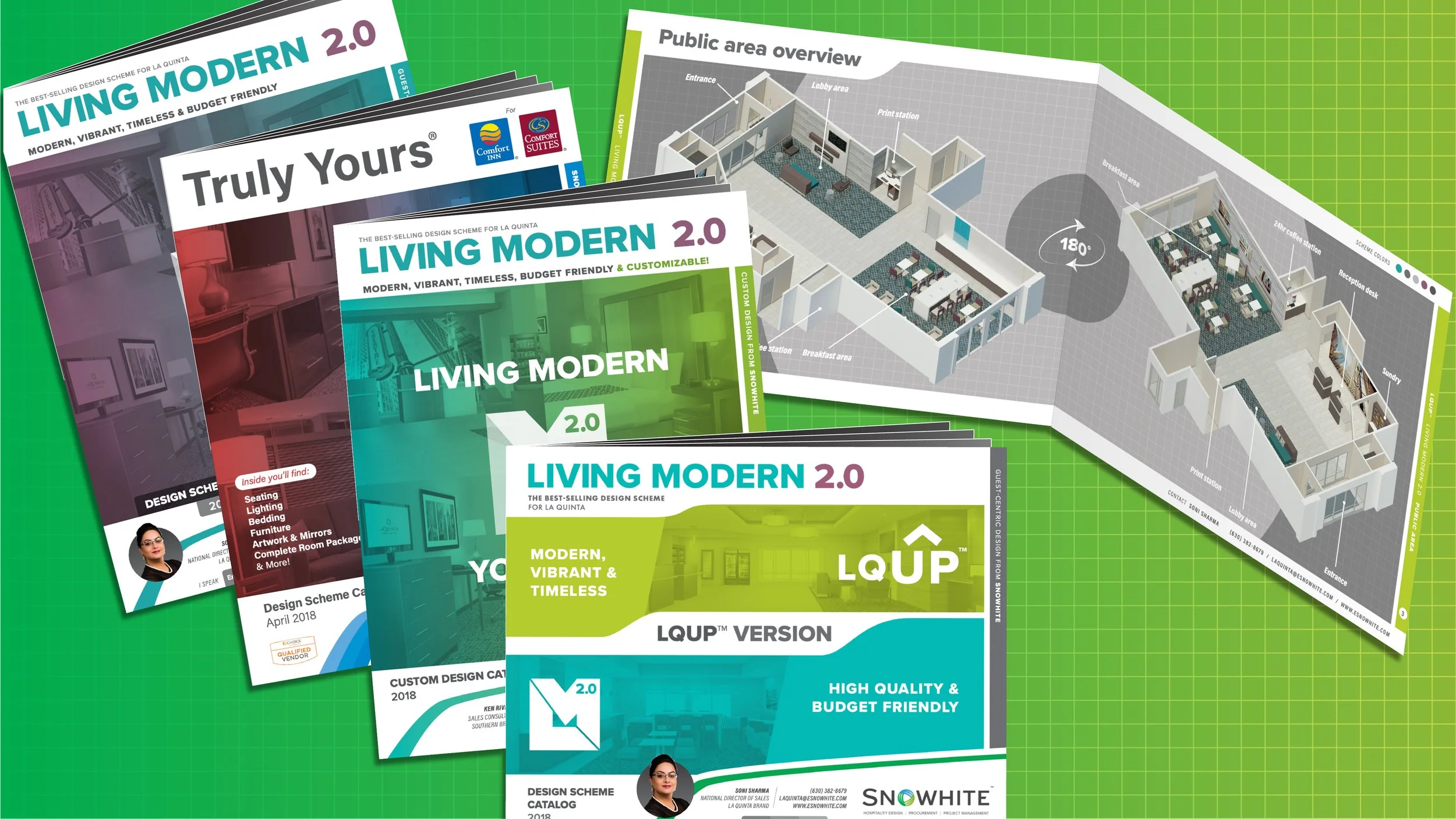 Sample interior design catalogs and a 3D floor plan of a public area, displayed on a green grid surface.