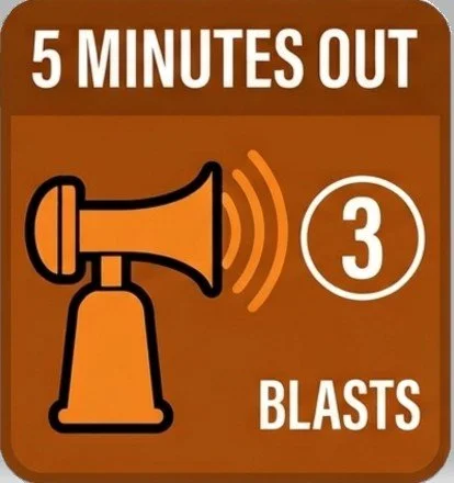 5 minutes prior  three short horn blasts