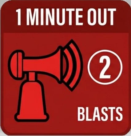 One minute prior - two short horn blasts