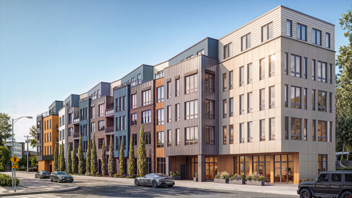 Modern multi-story apartment building with colorful exterior panels and large windows, lined with tall trees along the street.