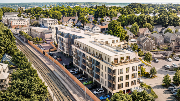 Exterior rendering of Cedar Park One64 transit-oriented apartments at 164 Essex Street in Melrose MA.