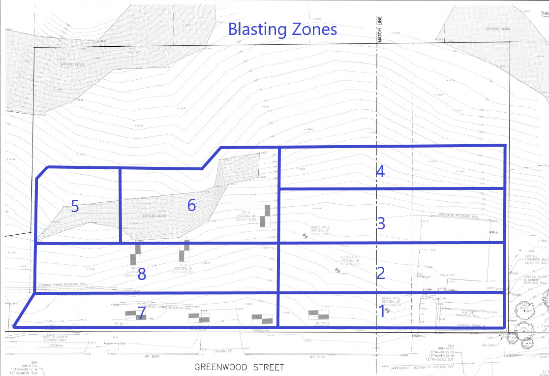 Map of blasting zones divides the area to blasted into areas numbered 1 through 8.