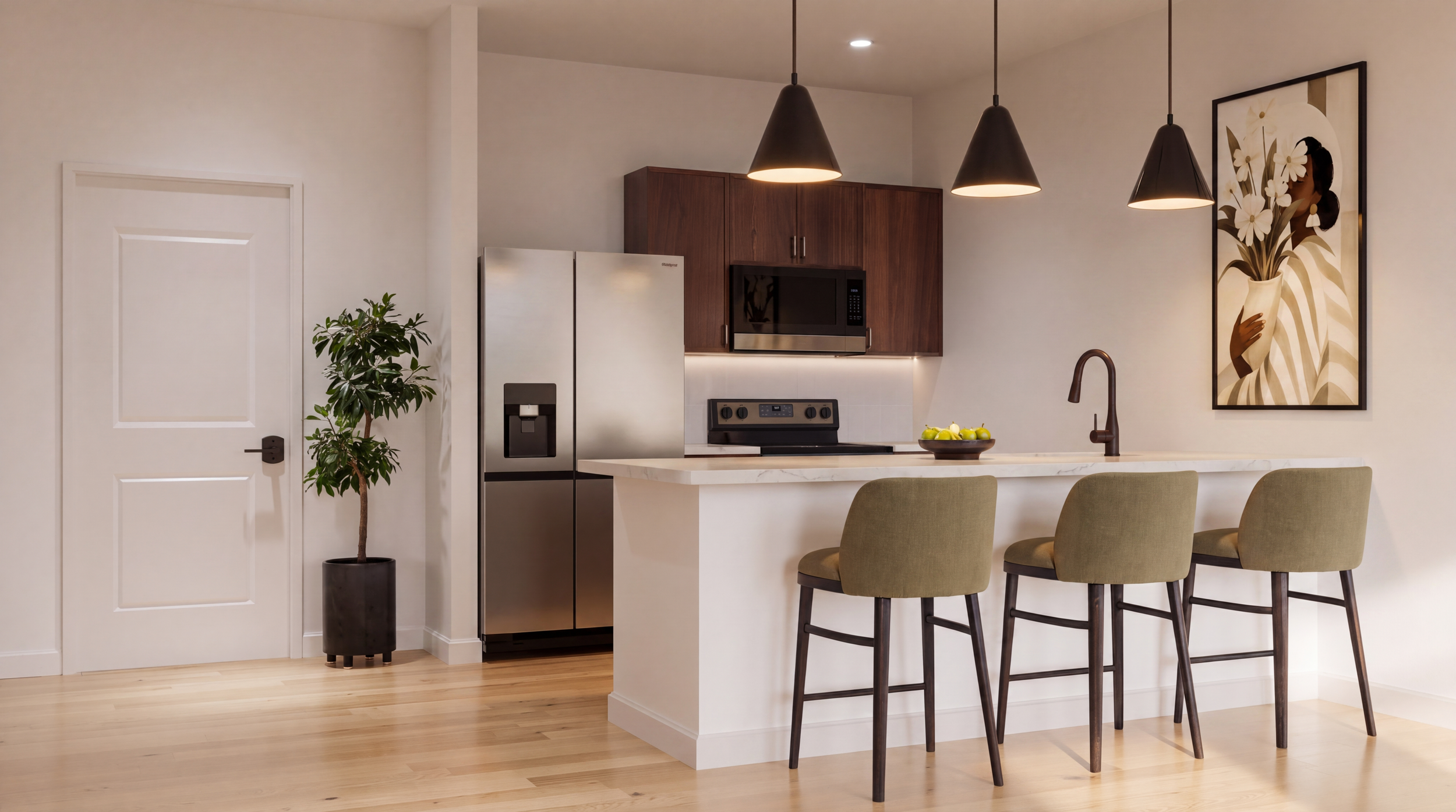 Modern open-concept apartment interior rendering at Cedar Park One64 in Melrose MA.