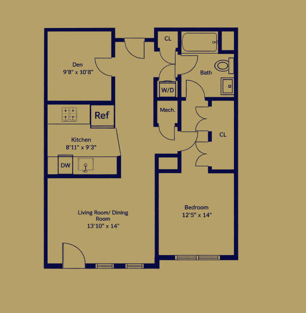 Sample apartment floor plan layout for Cedar Park One64 in Melrose MA.