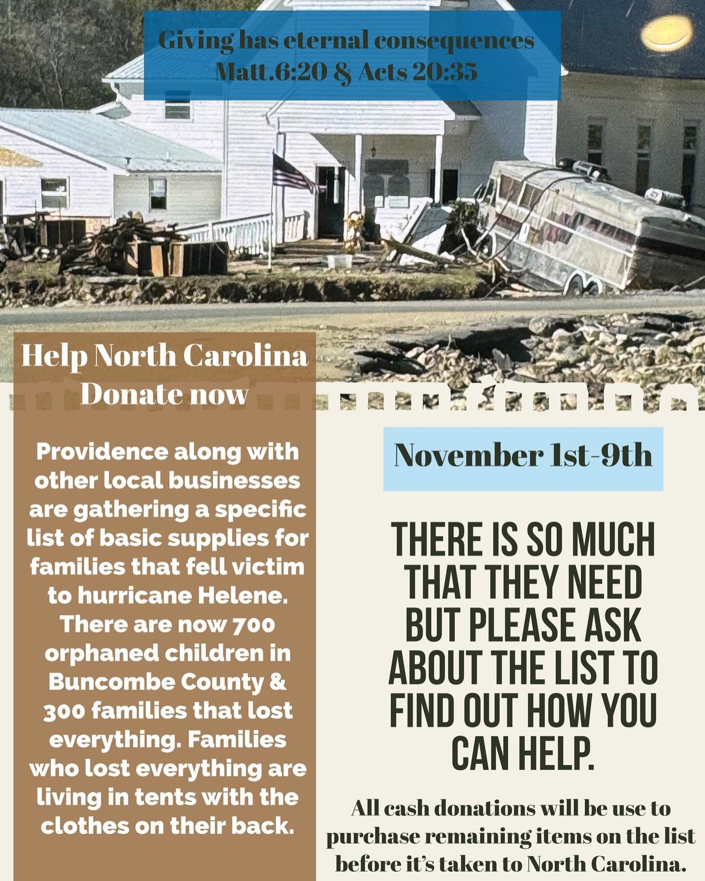 Hey Bowling Green,  Our neighbors are deeply hurting. Providence is working with friends that just got back from North Carolina and the needs are horrific. Please consider one line item from the list, we are trying to stabilize these families and chi