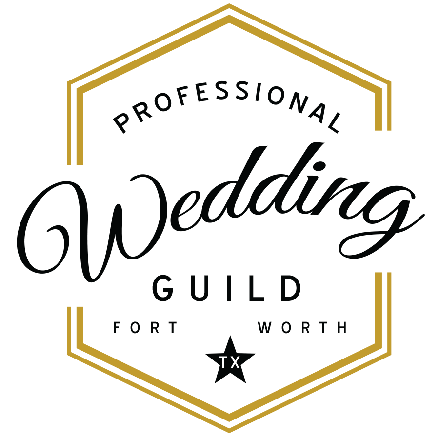 Logo for the Professional Wedding Guild in Fort Worth, Texas, featuring gold and black colors with a star at the bottom and text.