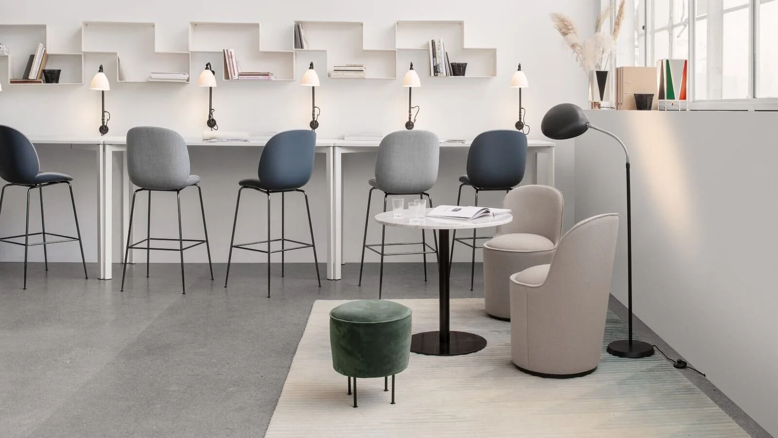 Gubi Beetle Barstool, Gubi TS Pouf, GUBI Tail Lounge chair, GUBI 1.0 Cafe Table (Copy)