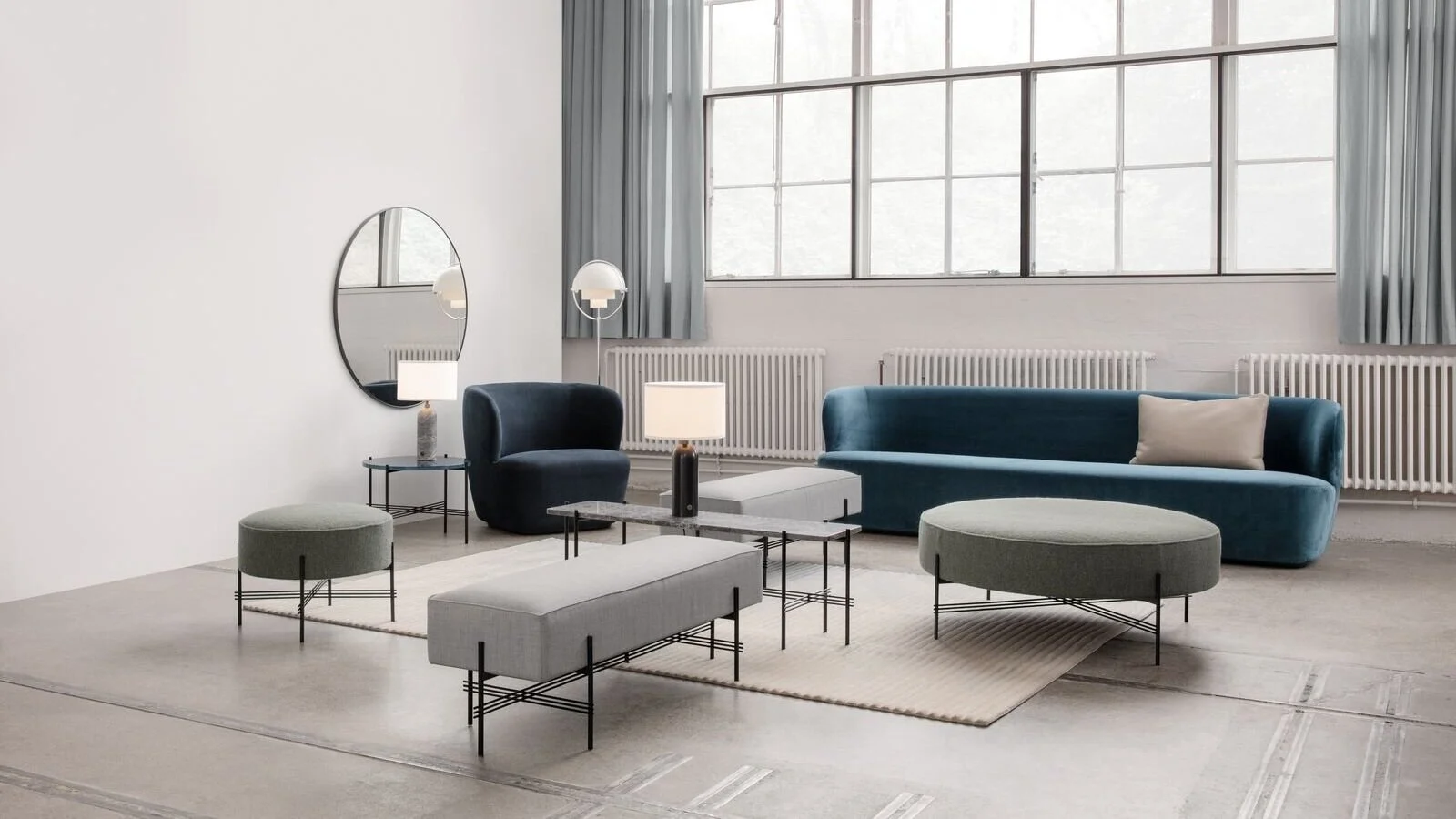 GUBI TS Rectangular Bench, GUBI TS Pouf Round, Gubi Stay Sofa, Gubi Stay lounge chair, Gubi Gravity table lamp (Copy)