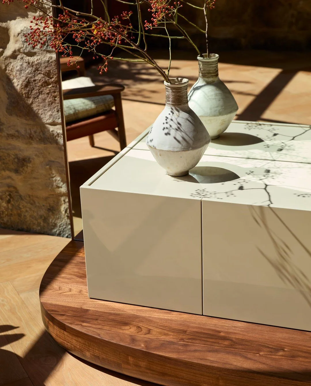 A study in restraint and emotion. The new Tai Collection by @delaespada &mdash; designed by Luca Nichetto @lucanichetto &mdash; balances pure lines with bold, architectural gestures.

Mirrors intersect glossy lacquer; wood, stone, and polished steel 