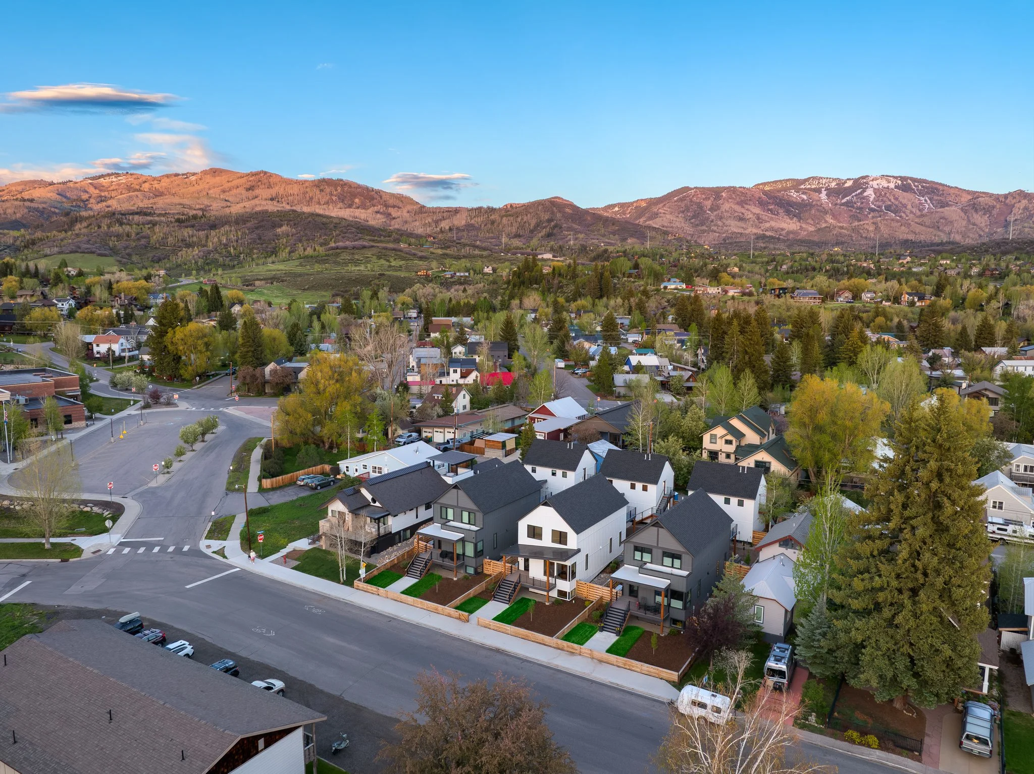 Aerial view of Eighth Street Homes  - a collection of Three Modern Luxury New Construction Single Family Homes  in Downtown Steamboat