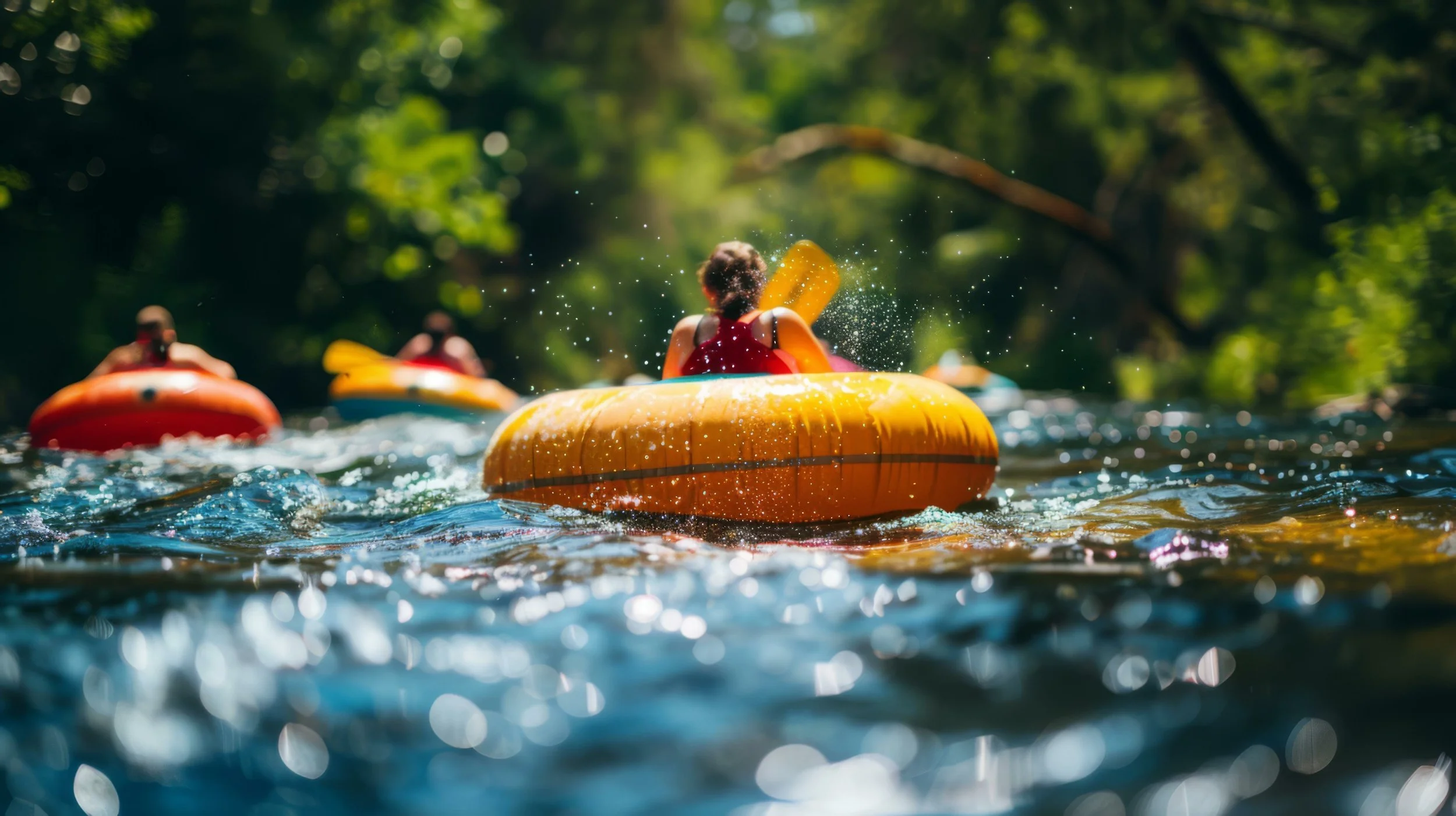 People tubing down a river in Steamboat Springs Colorado