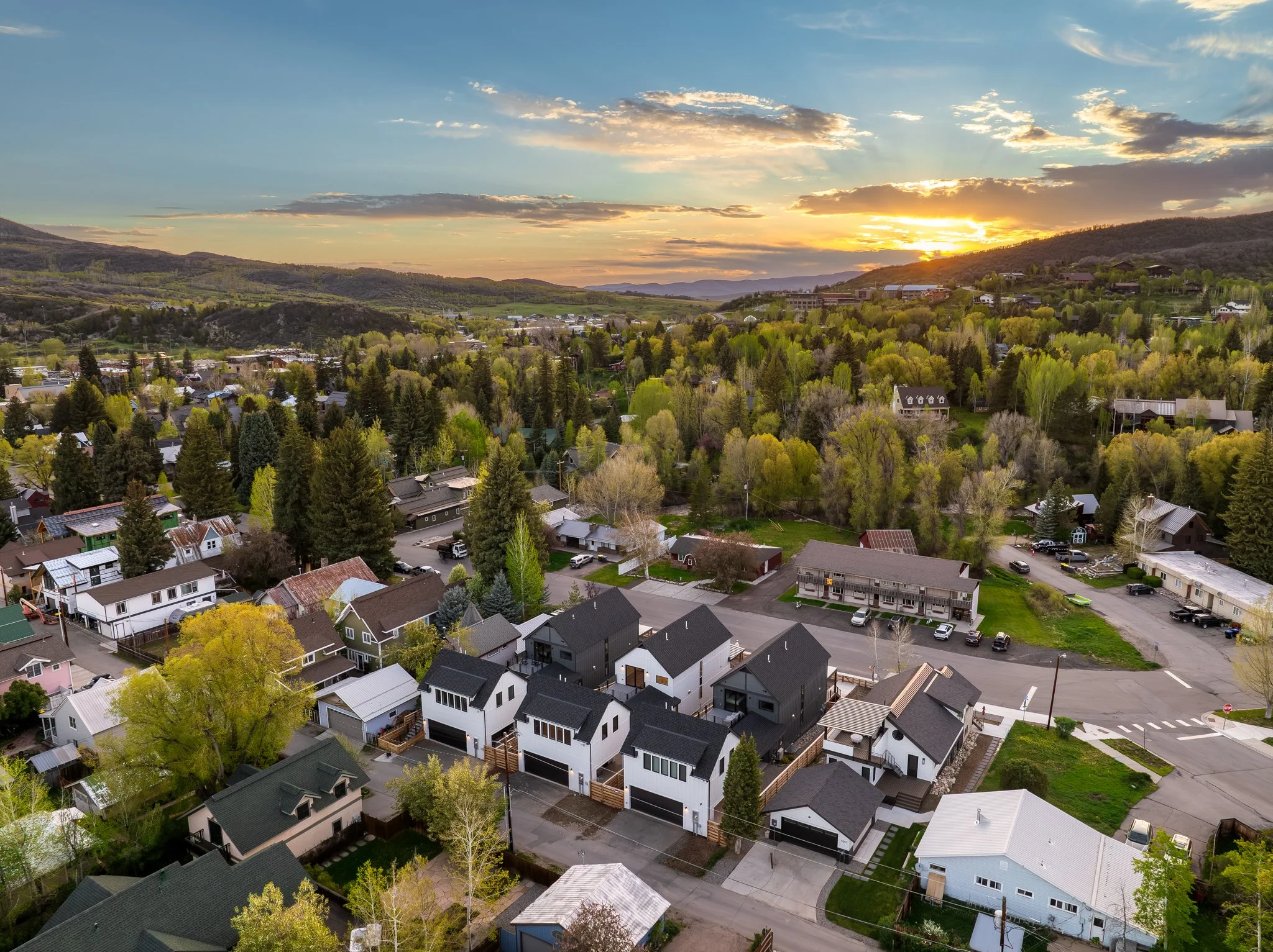 A scenic aerial view of Eighth Street Homes  - a collection of Three Modern Luxury New Construction Single Family Homes  in Downtown Steamboat