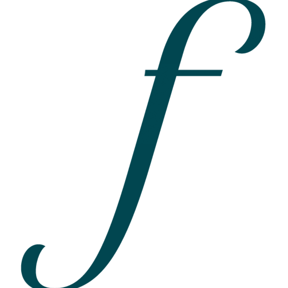 Stylized teal lowercase letter 'f' with elegant, cursive font on a plain black background.
