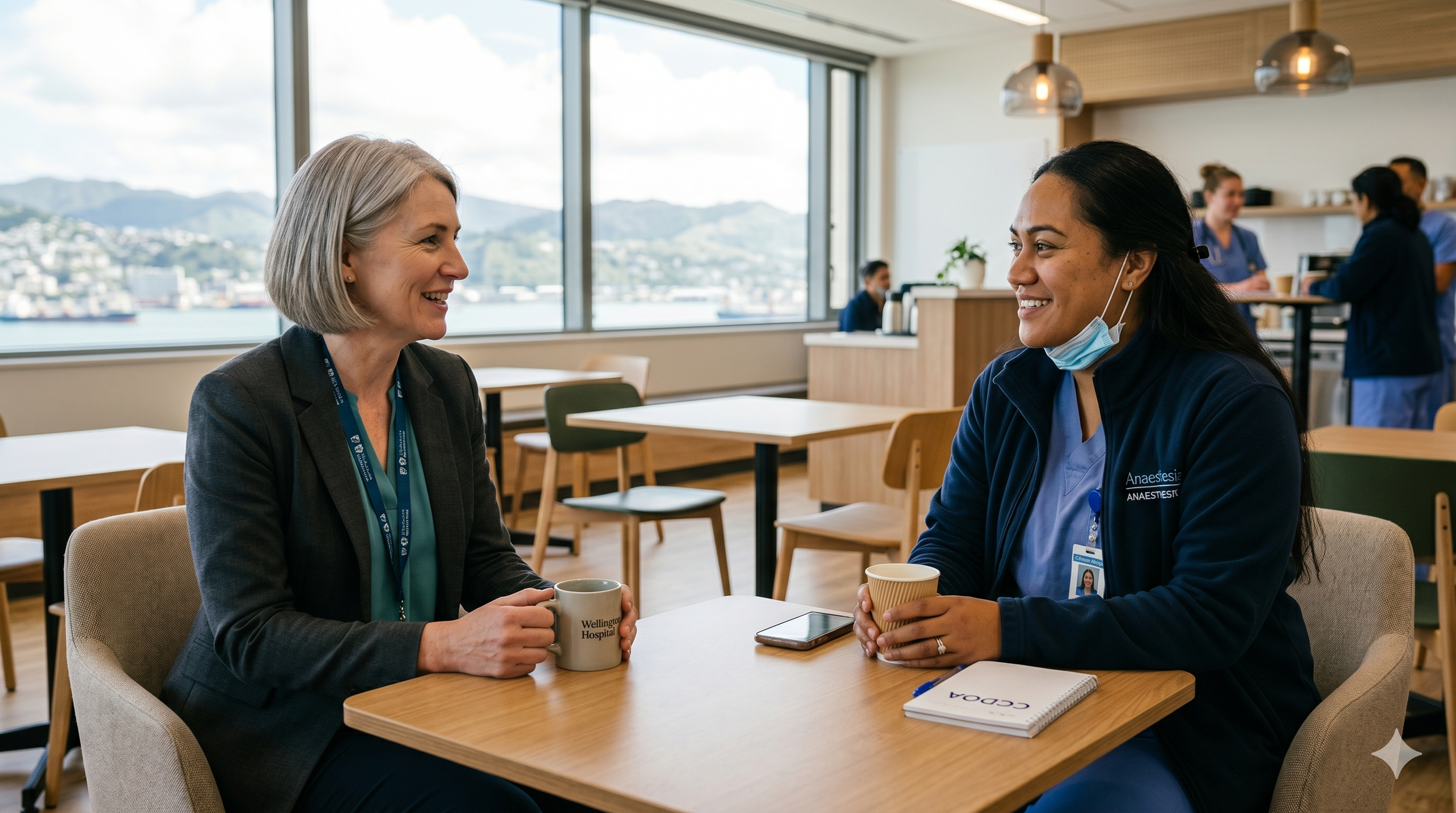 Two women, one in professional attire and the other in medical scrubs and a mask, sitting at a table in a bright room with large windows, having a conversation and smiling, with coffee mugs and a smartphone on the table.