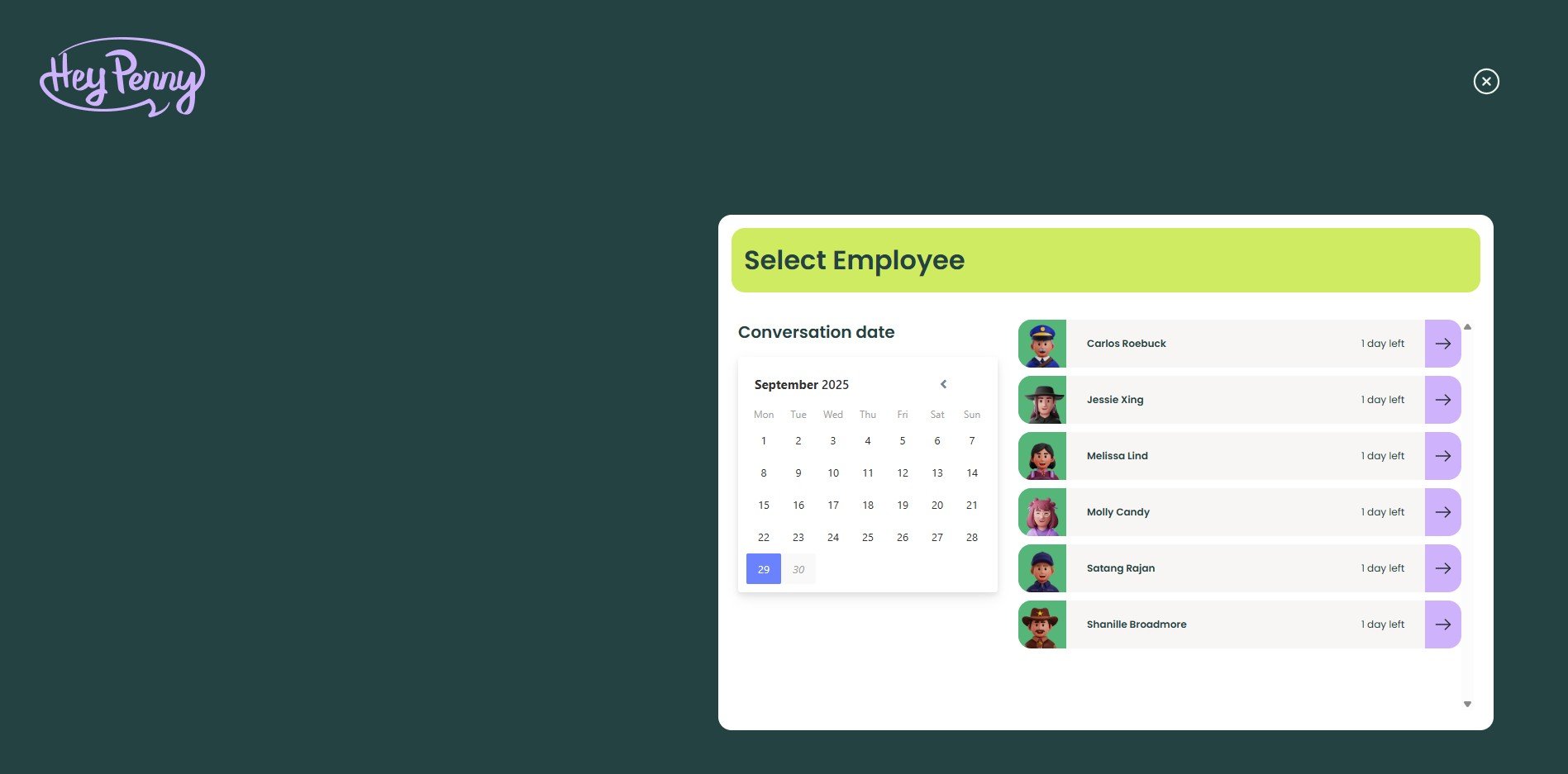 HeyPenny platform screen showing the ability to select the date of a 1:1 and which employee it is with