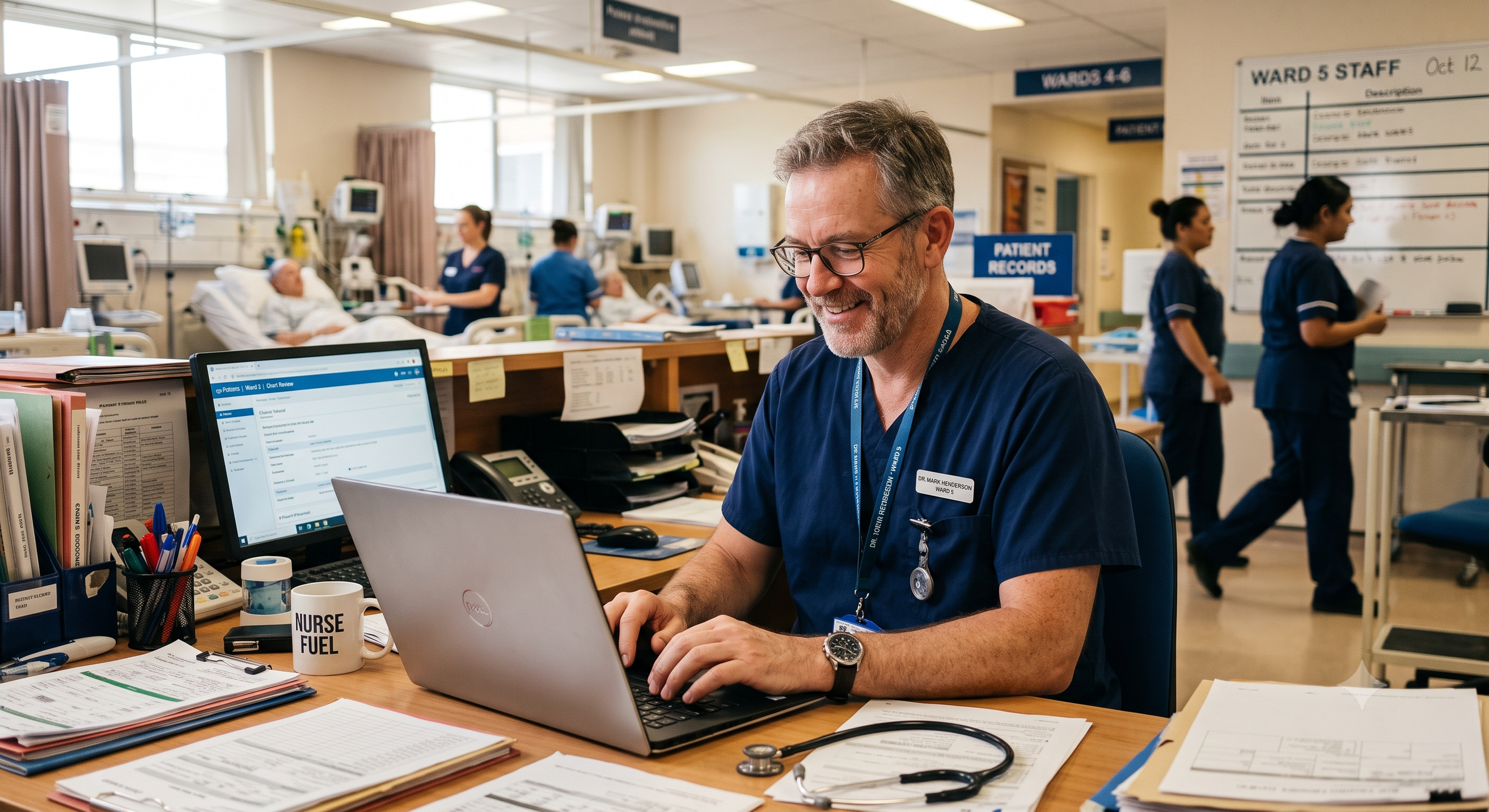 A smiling male nurse working on a laptop at a hospital desk, with patient beds and nurses in the background.