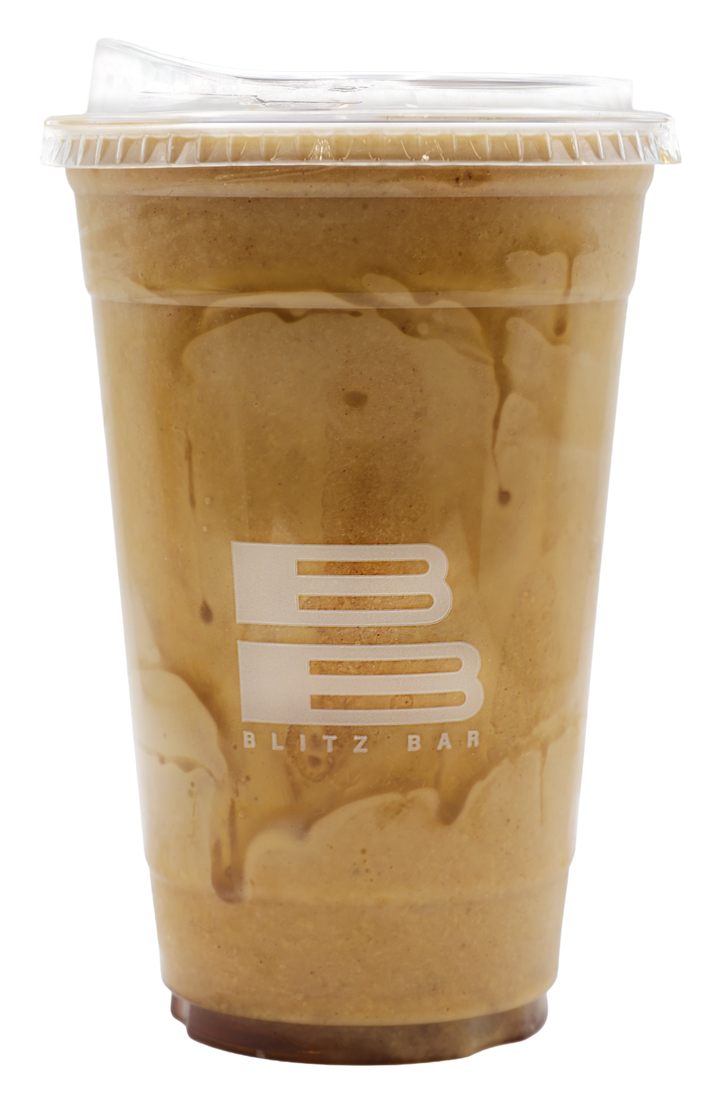 A blended coffee drink in a clear plastic cup with a domed lid and a straw, labeled '3 BLITZ BAR'.