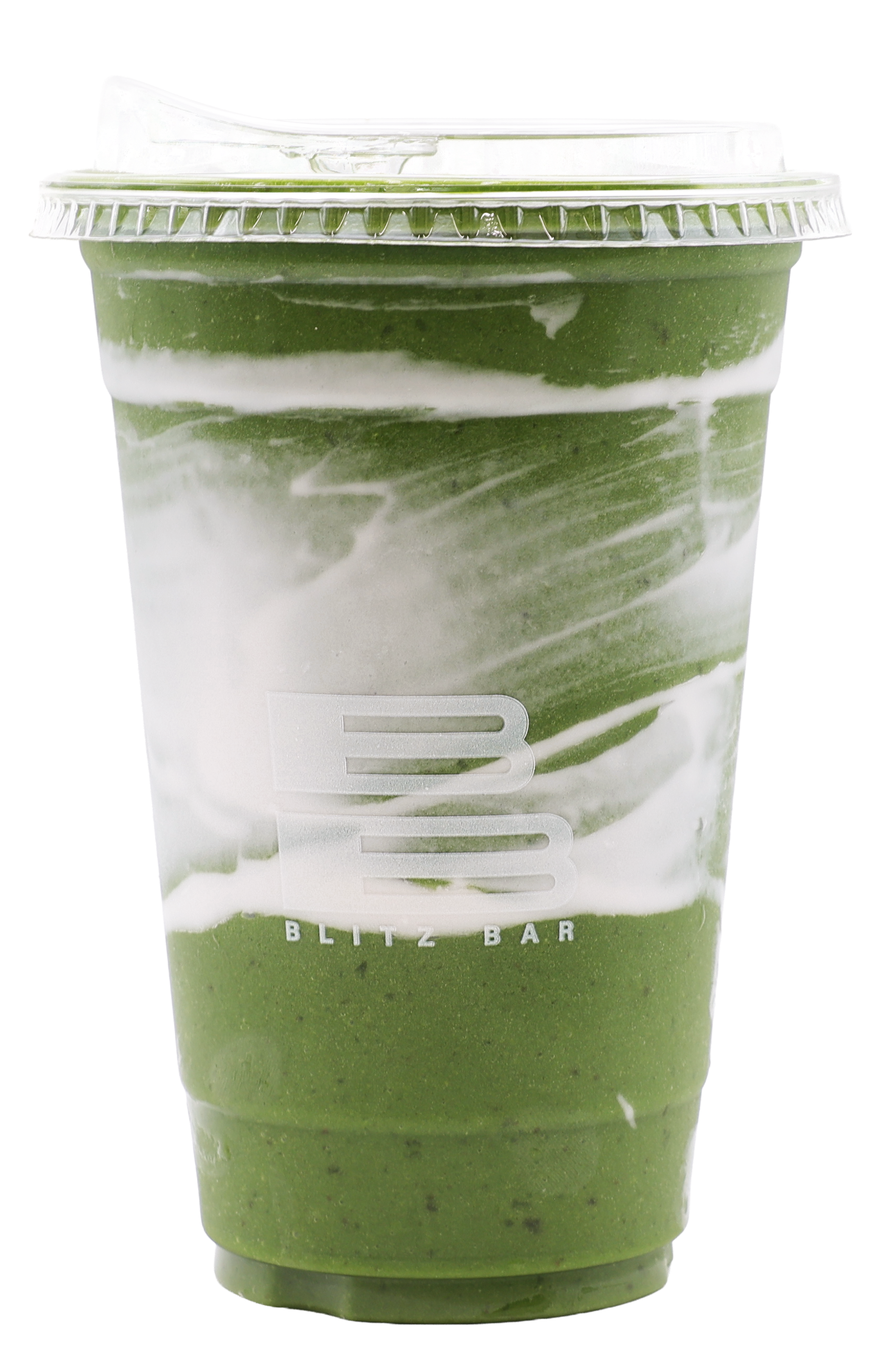 A green smoothie in a clear plastic cup with a dome lid and a straw, labeled B3 Blitz Bar.