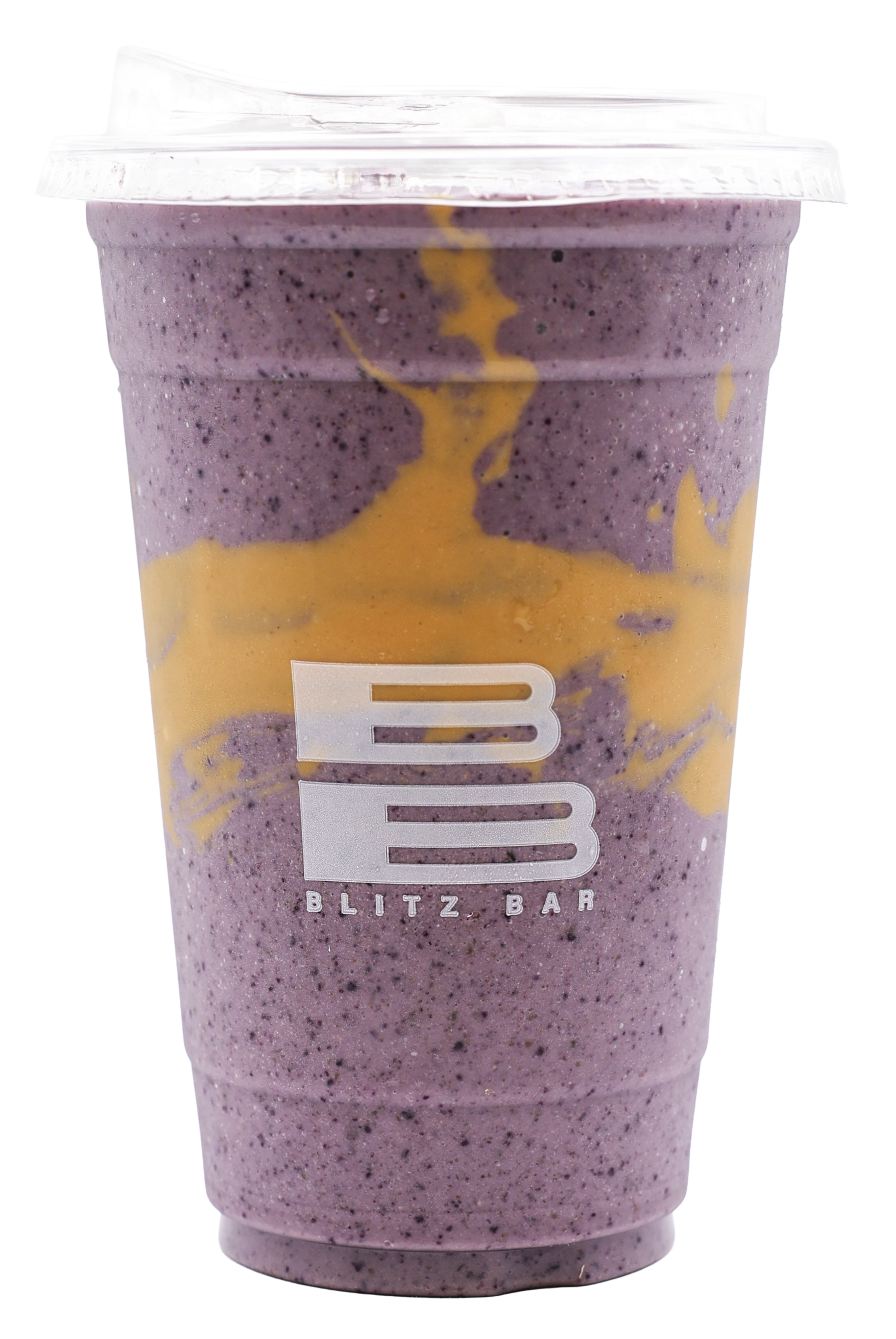 Colorful blended smoothie with pink and yellow swirls in a clear plastic cup with a straw, labeled 'Blitz Bar'