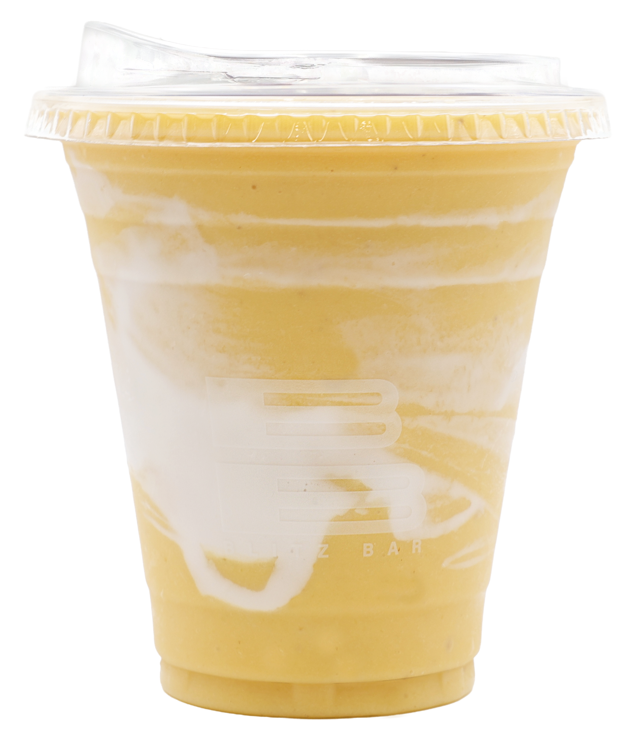 A tropical smoothie in a clear plastic cup with a dome lid and straw, featuring mango, banana, and possibly coconut flavors.