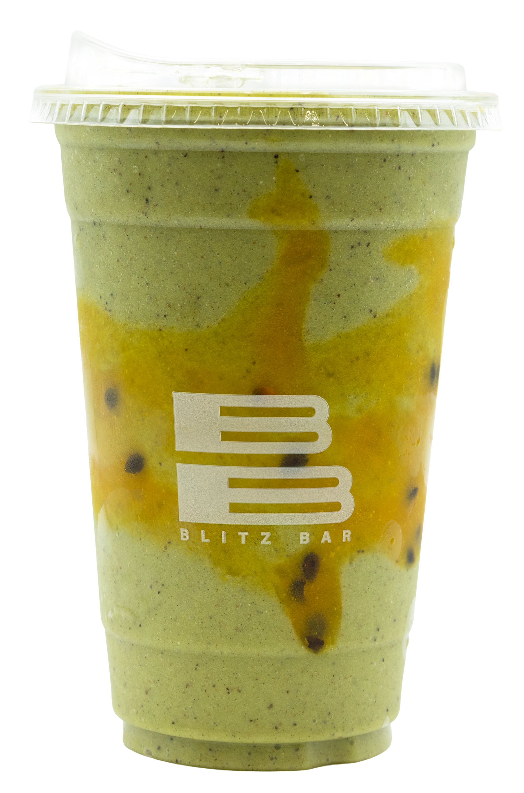 A blended green matcha beverage with black tapioca pearls inside, in a clear plastic cup with a domed lid and a white straw, from Blitz Bar.