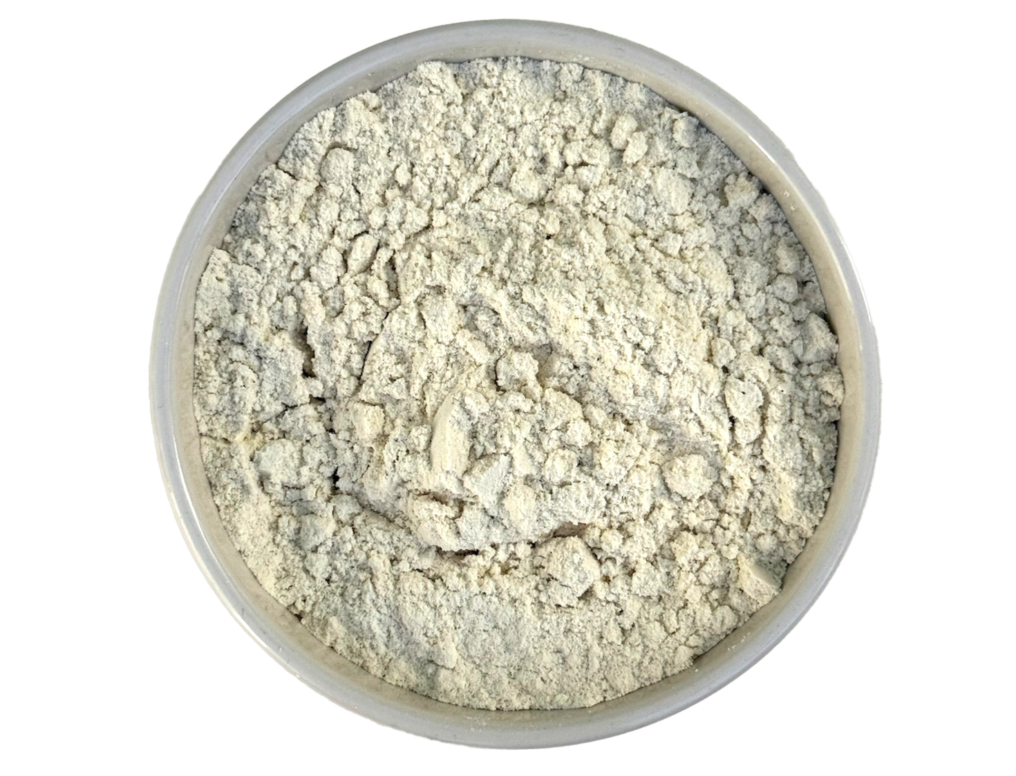 A bowl filled with a finely textured, lightly colored substance, possibly a frozen dessert or ice cream