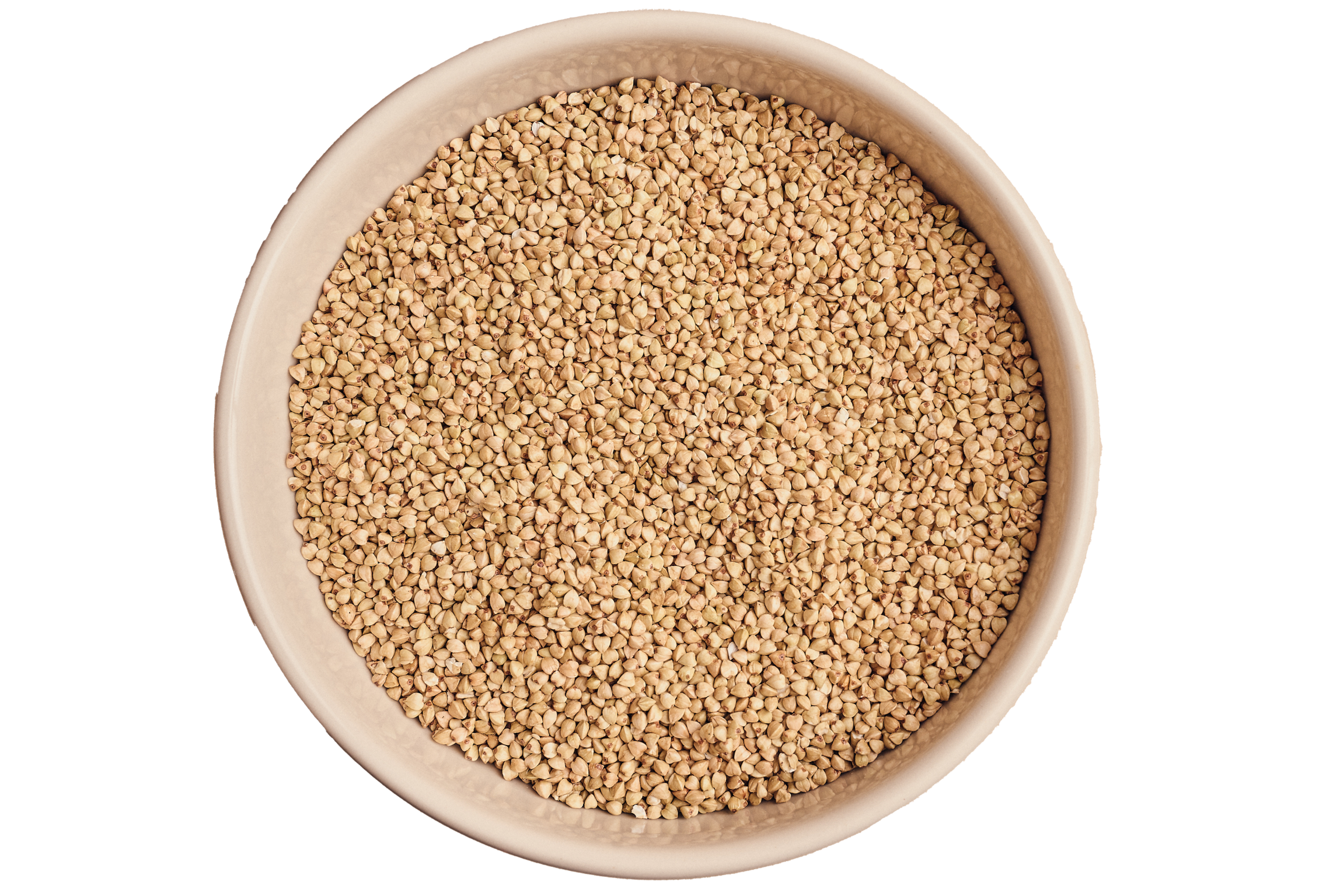 Round beige bowl filled with small, light brown grains, seen from above.
