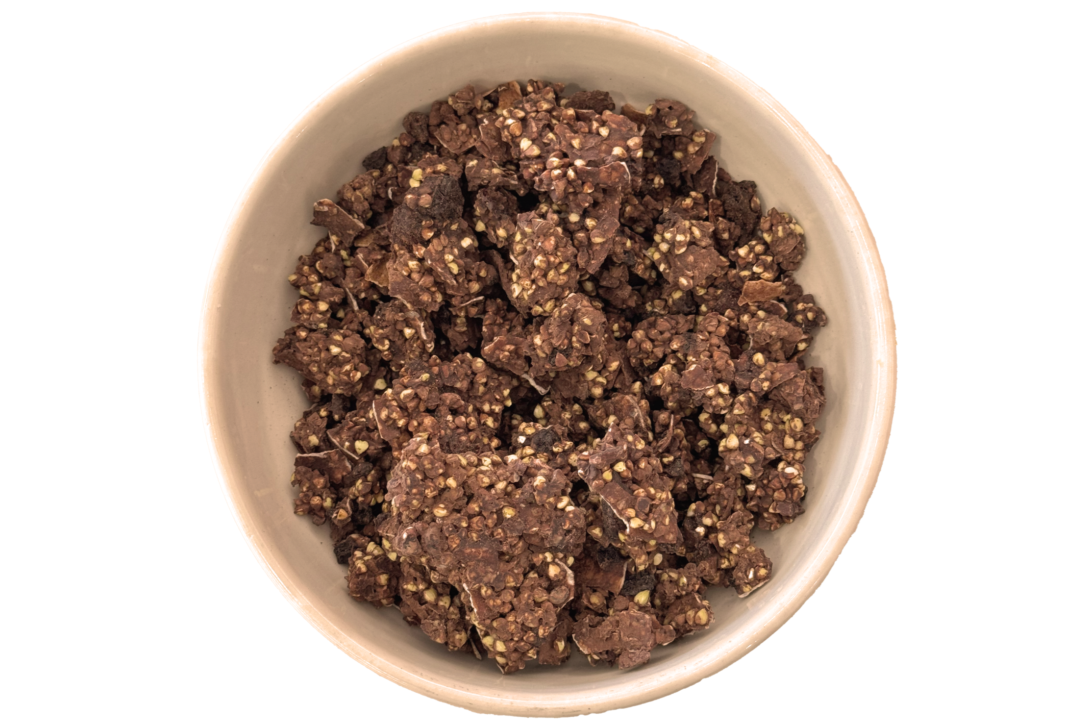 Bowl of crushed chocolate granola or cereal.