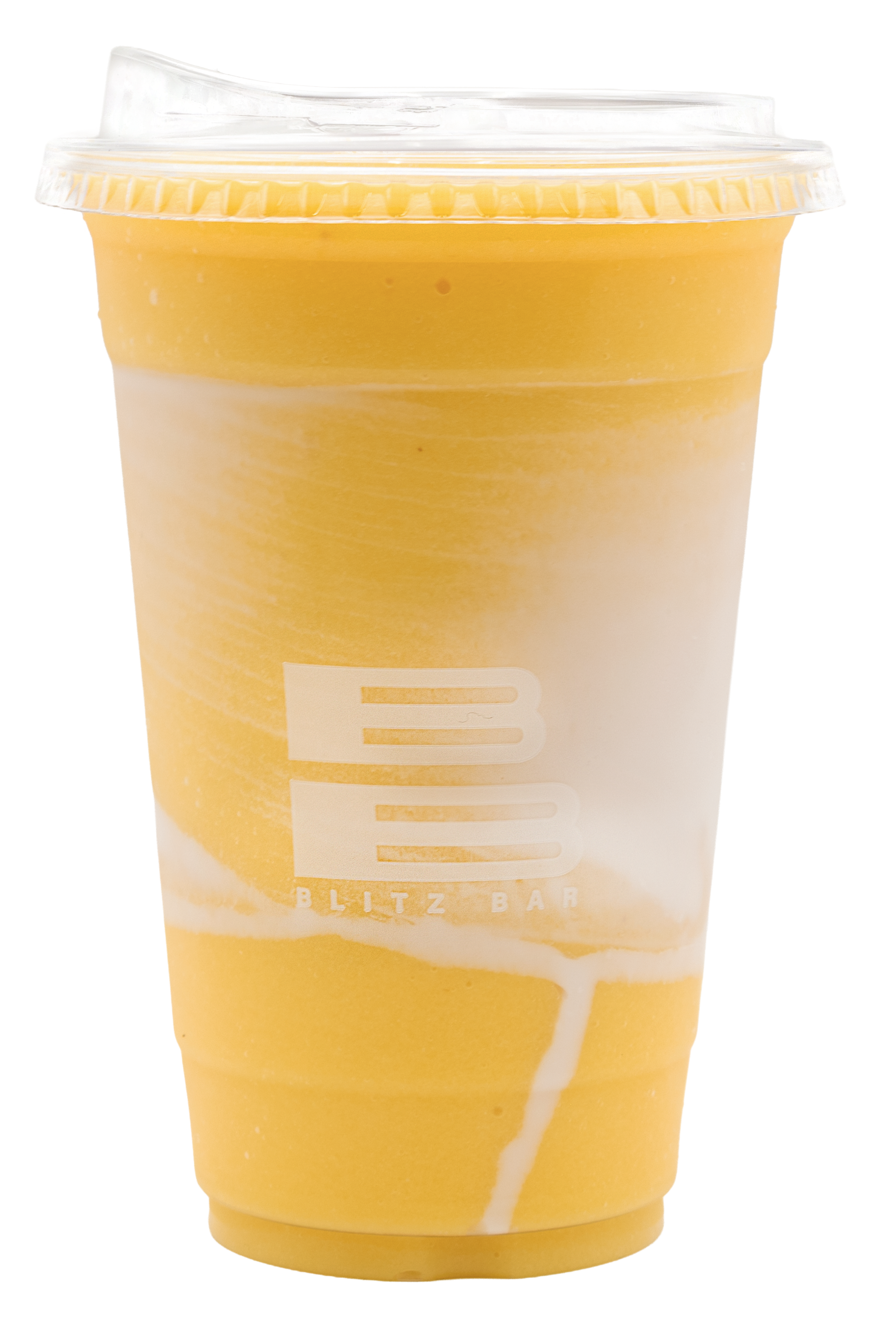 A blended mango and vanilla milkshake in a clear plastic cup with a domed lid and a white straw, featuring white and orange swirls.