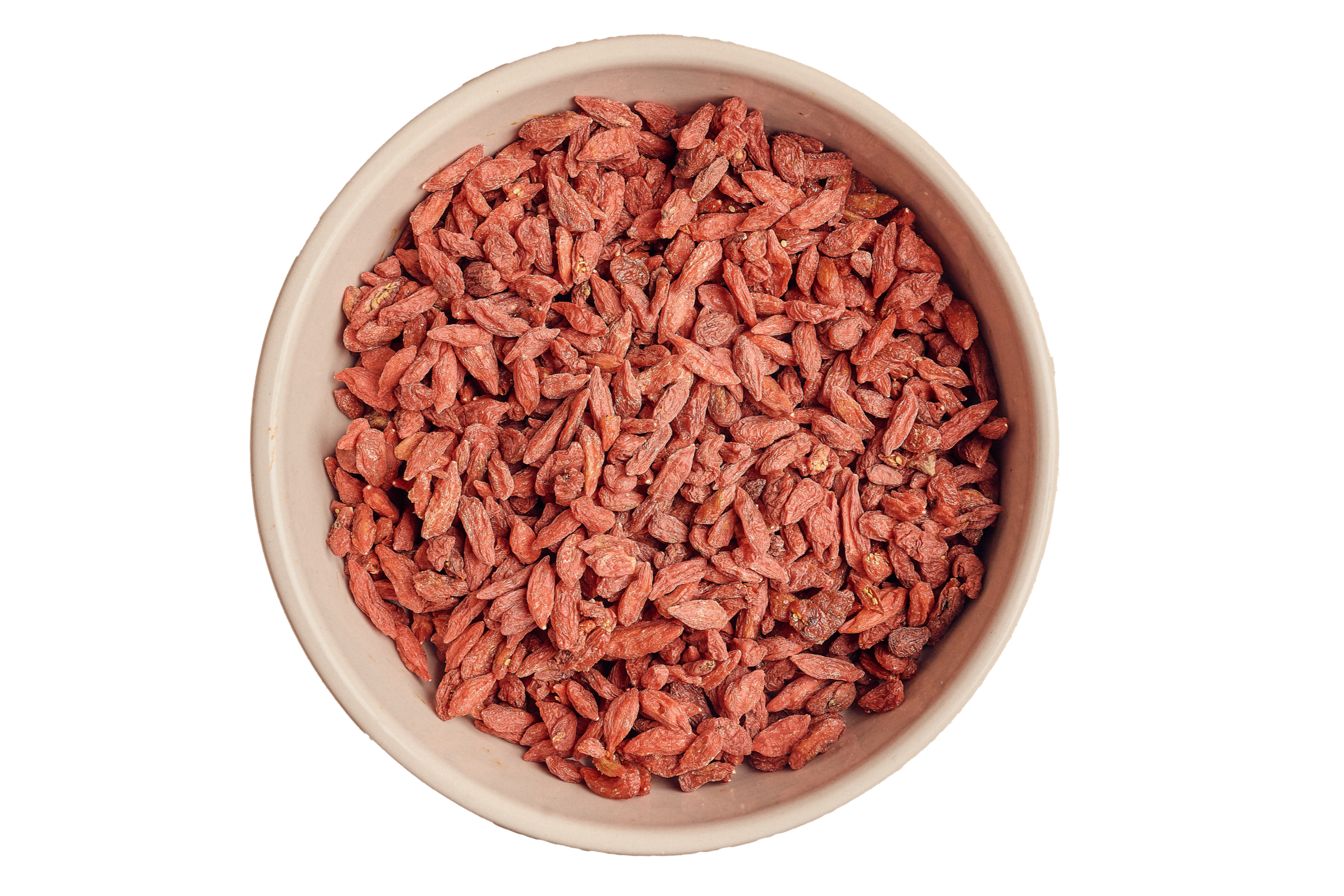 A white bowl filled with dried red goji berries isolated on a white background.