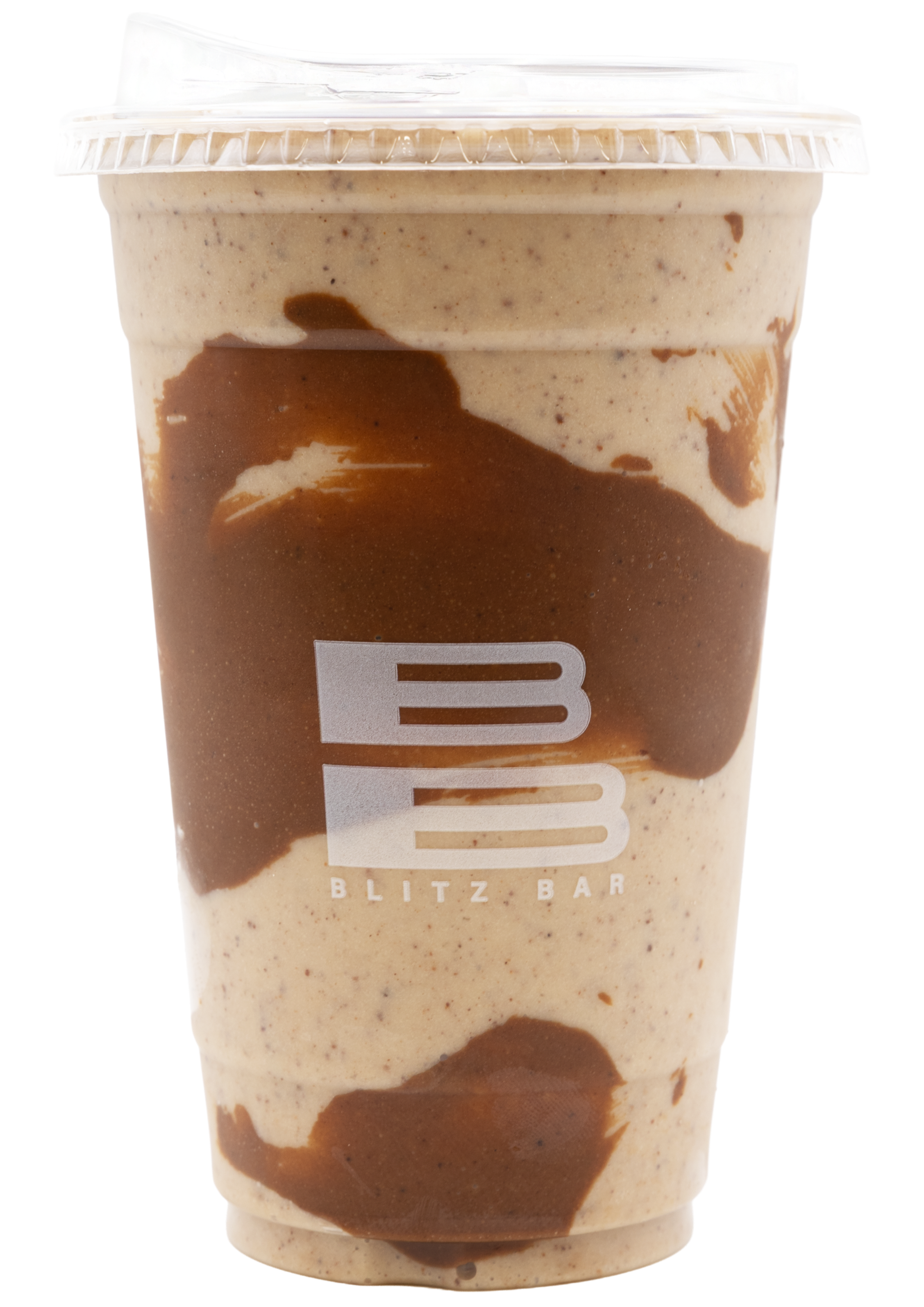 Blitz Bar milkshake in a clear plastic cup with a dome lid and straw, featuring caramel swirl and cookie bits.