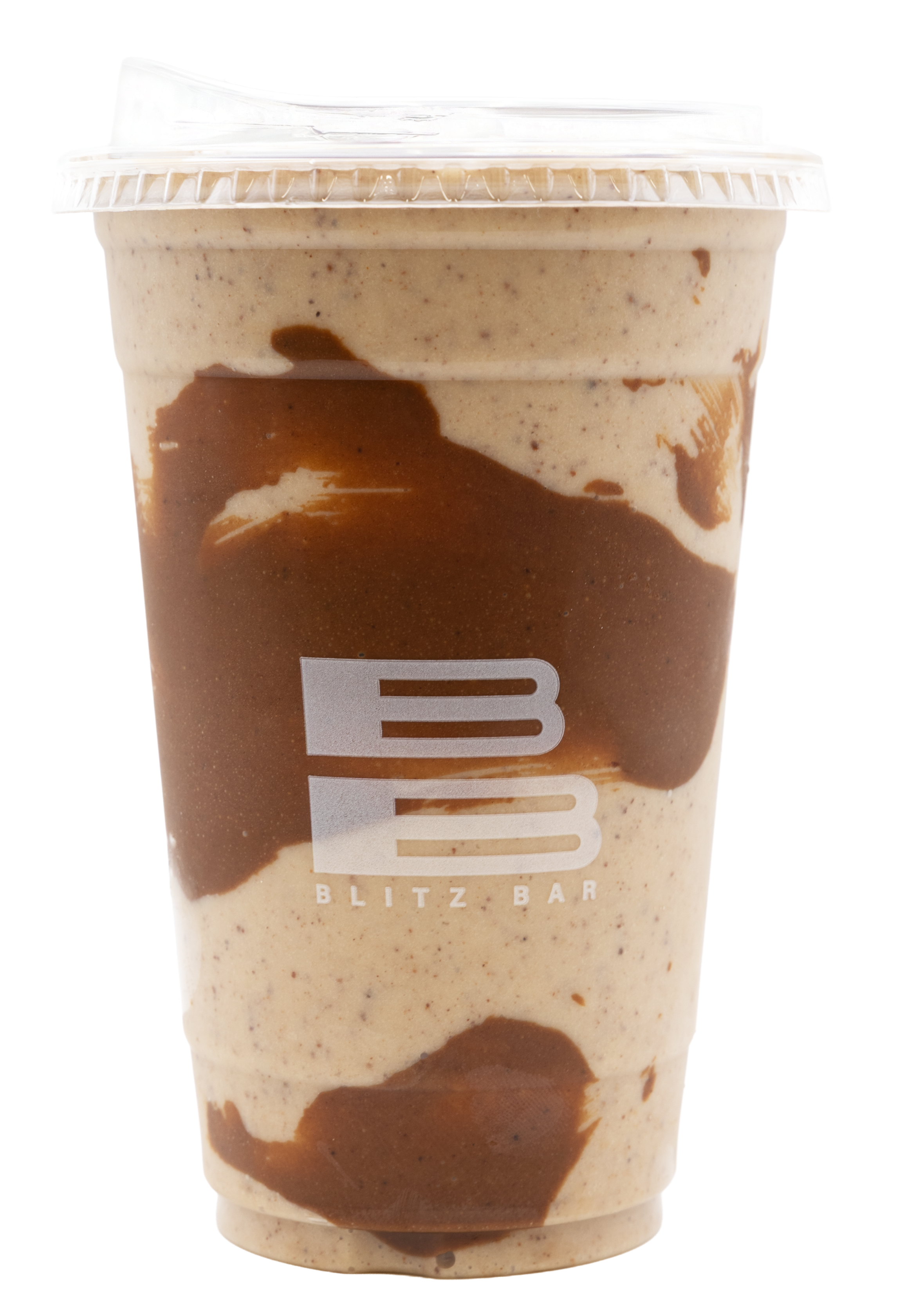 Blitz Bar milkshake in a clear plastic cup with a dome lid and straw, featuring caramel swirl and cookie bits.