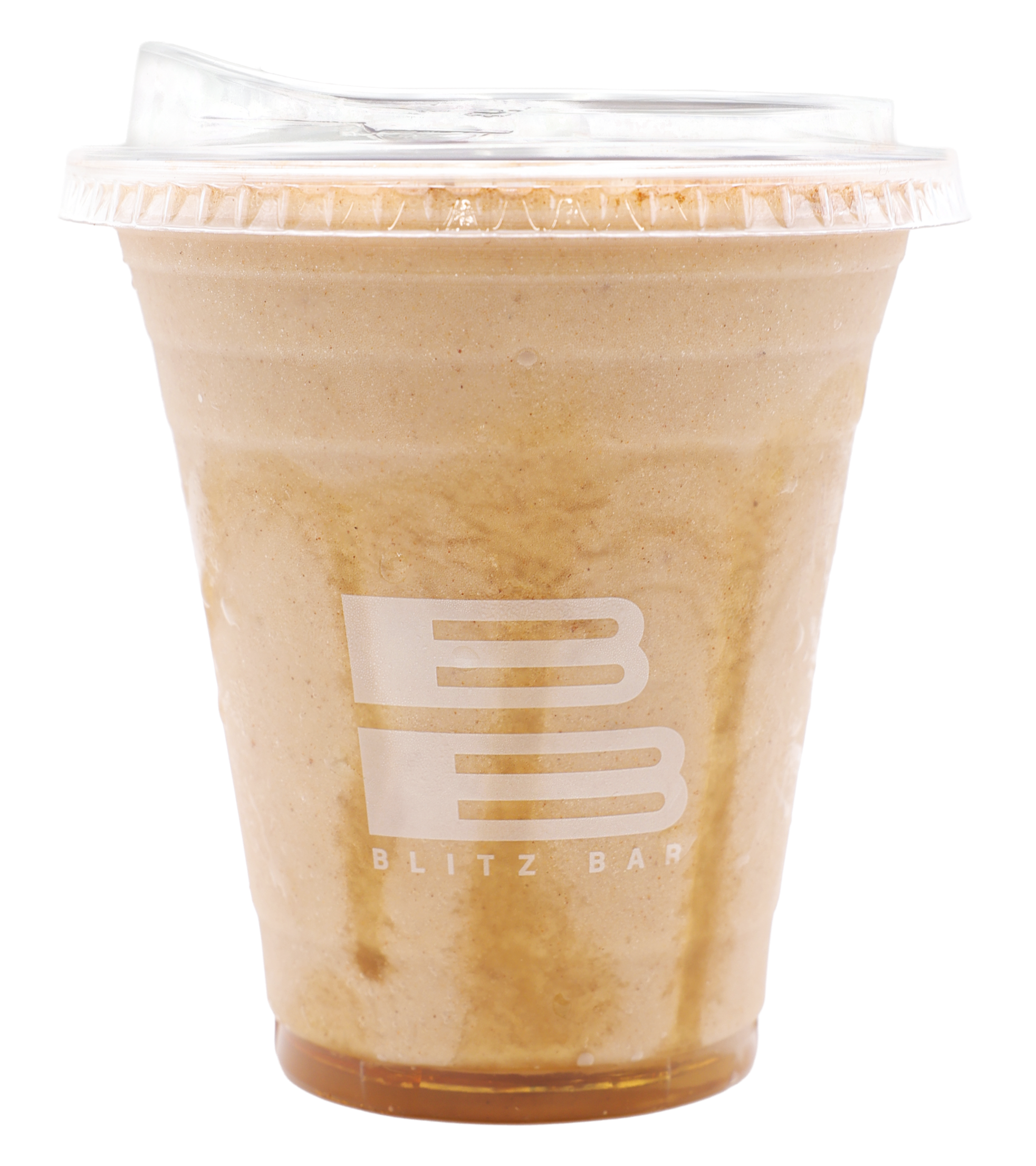 A blended coffee or frappuccino drink in a transparent plastic cup with a domed lid and a white straw.