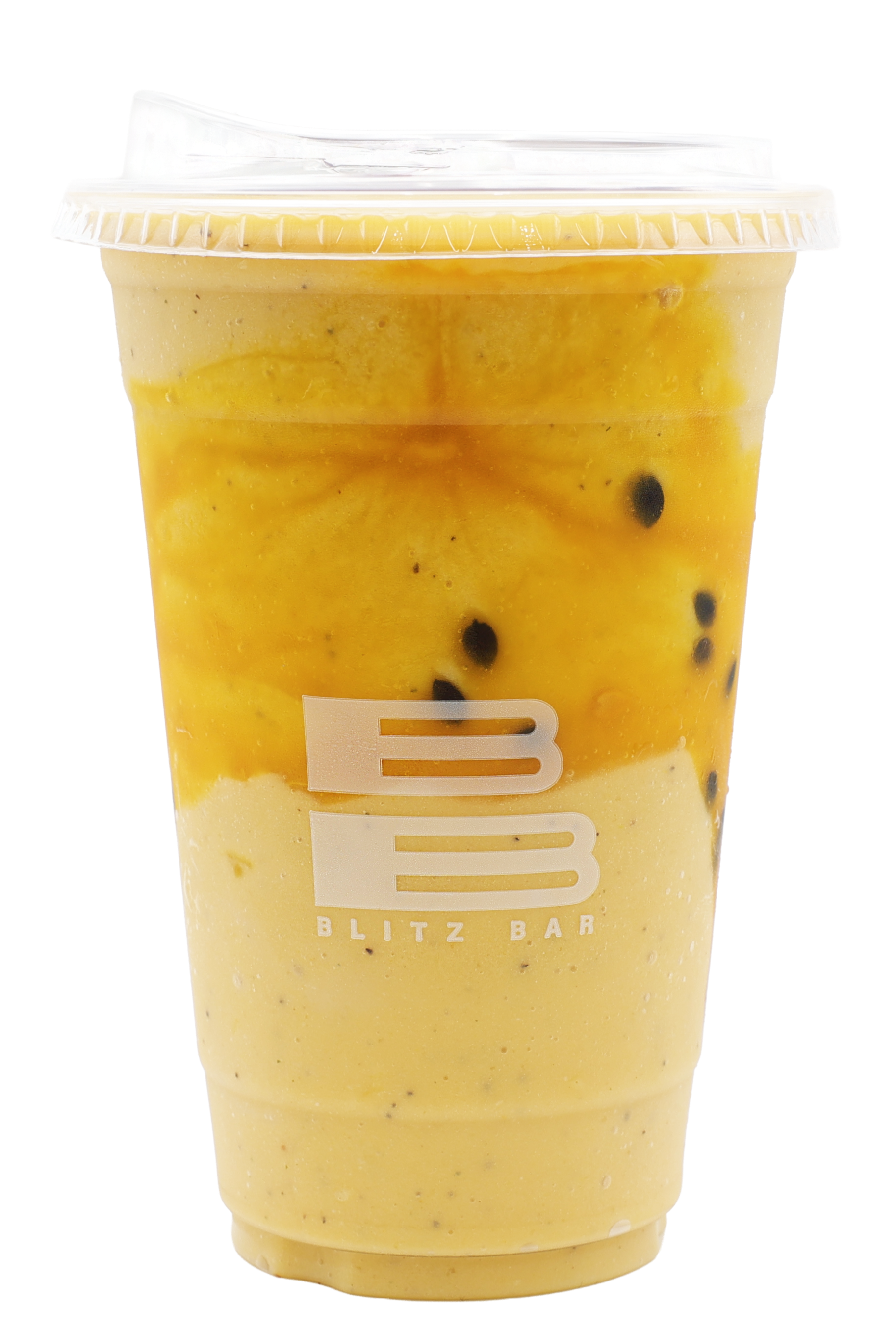 A large plastic cup of mango smoothie with black seeds, topped with a creamy foam and a white straw, sitting on a transparent lid. The cup has a logo that reads 'BB Blitz Bar.'