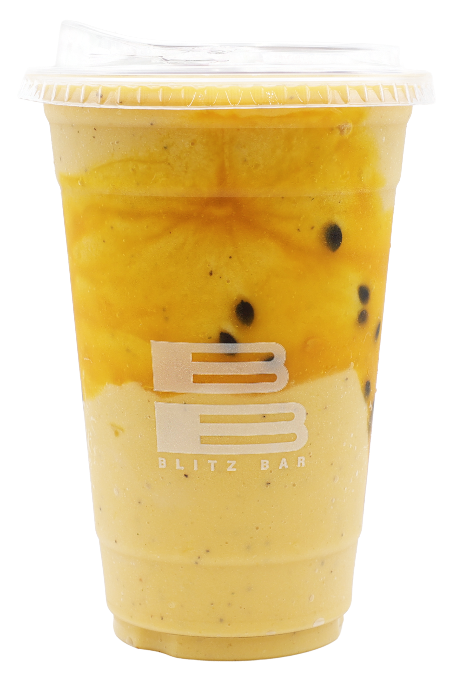 A large plastic cup of mango smoothie with black seeds, topped with a creamy foam and a white straw, sitting on a transparent lid. The cup has a logo that reads 'BB Blitz Bar.'