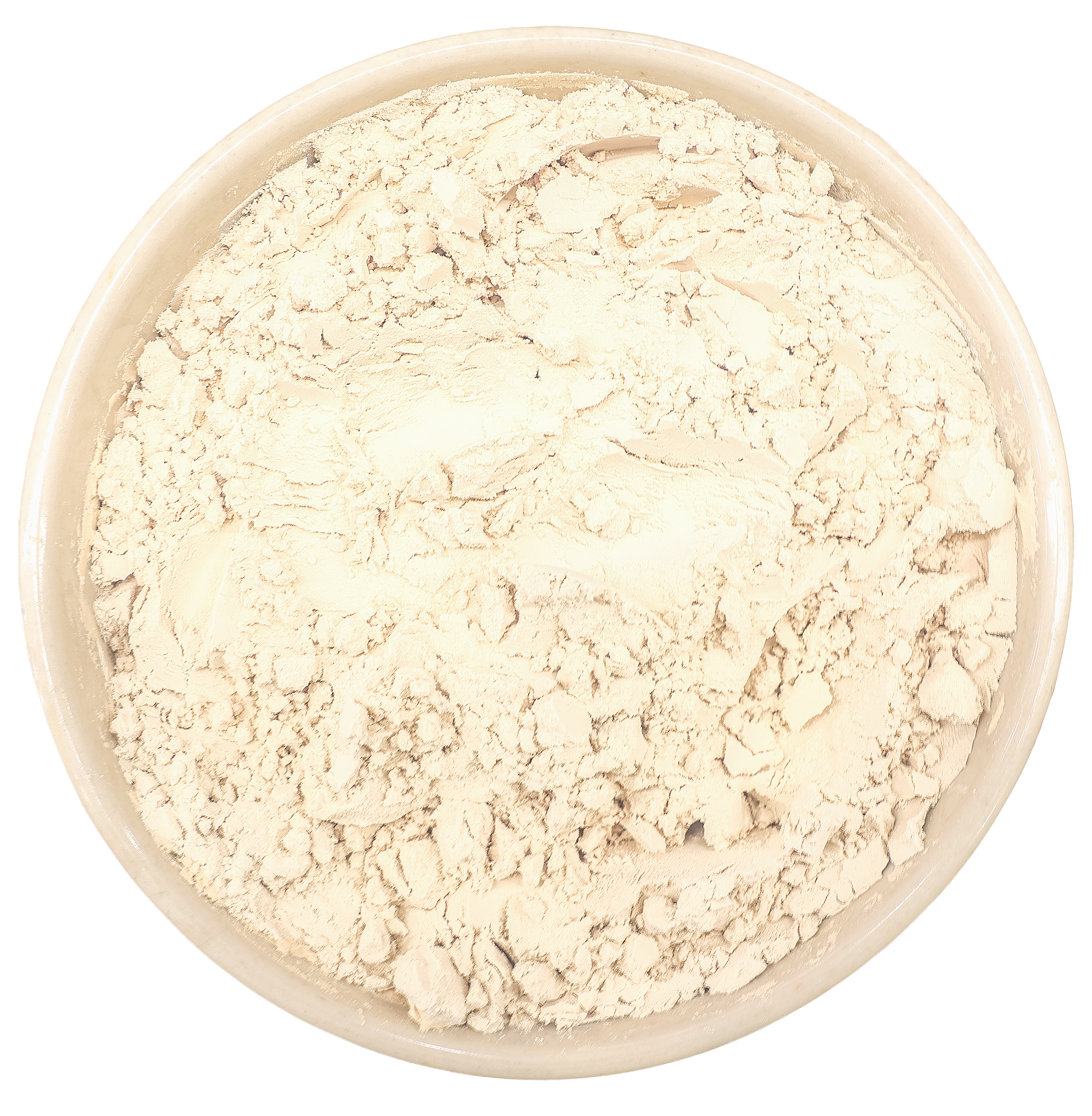 A bowl filled with a finely textured, lightly colored substance, possibly a frozen dessert or ice cream