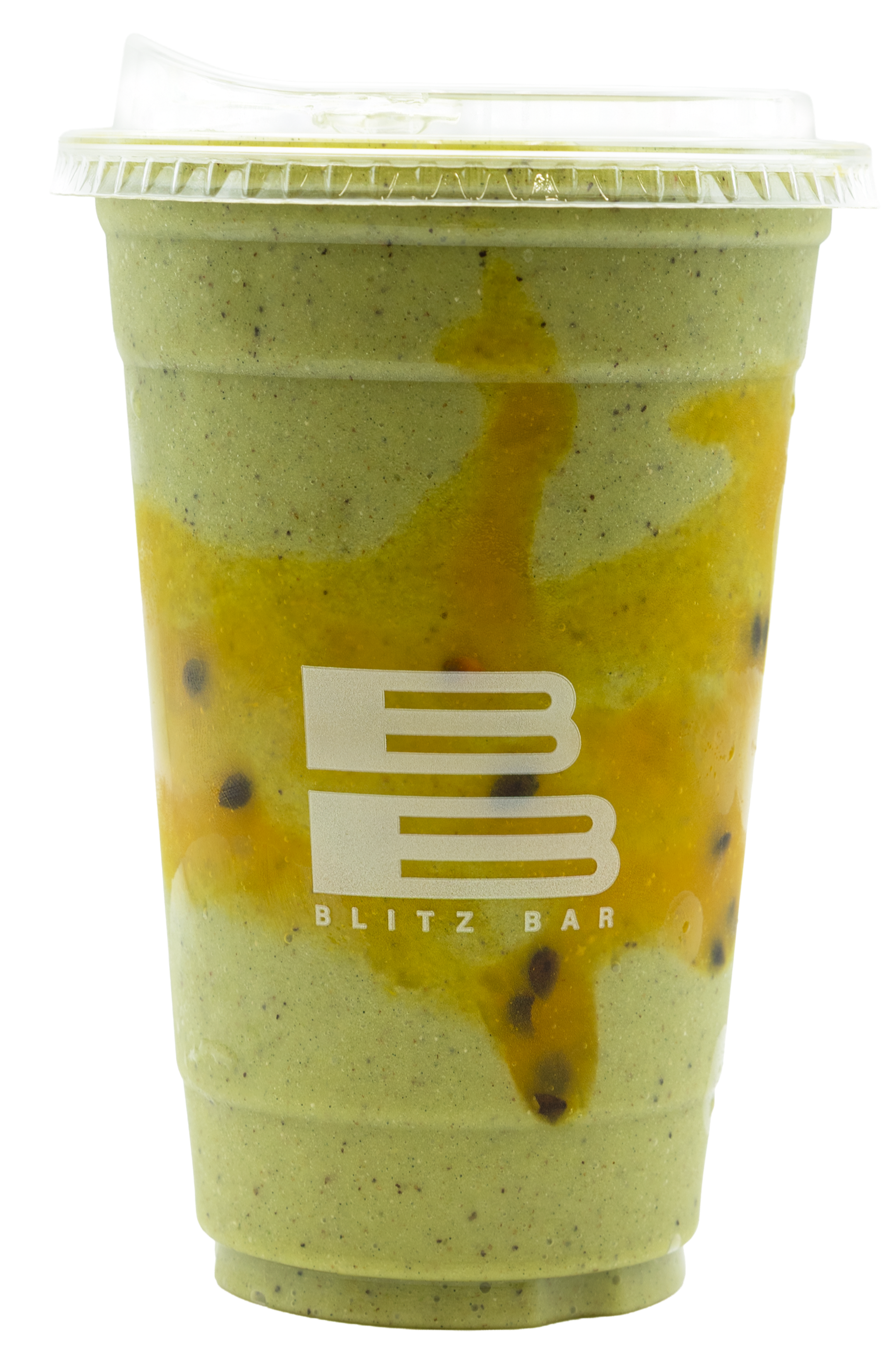 A blended green matcha beverage with black tapioca pearls inside, in a clear plastic cup with a domed lid and a white straw, from Blitz Bar.